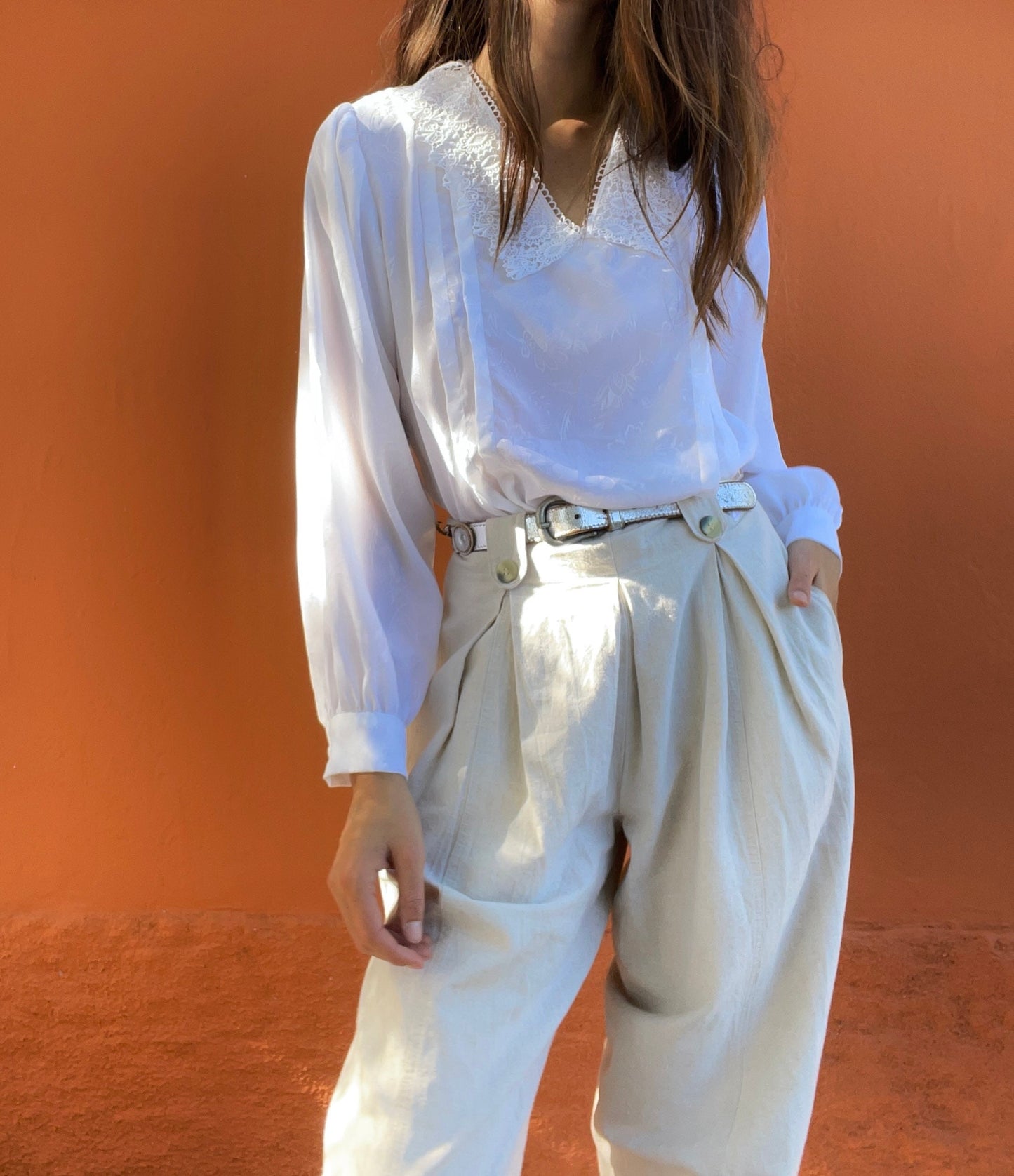 Romantic antique lace white blouse, Handmade vintage cottage core woman blouse with peter pan collar, Elegant French white shirt, M