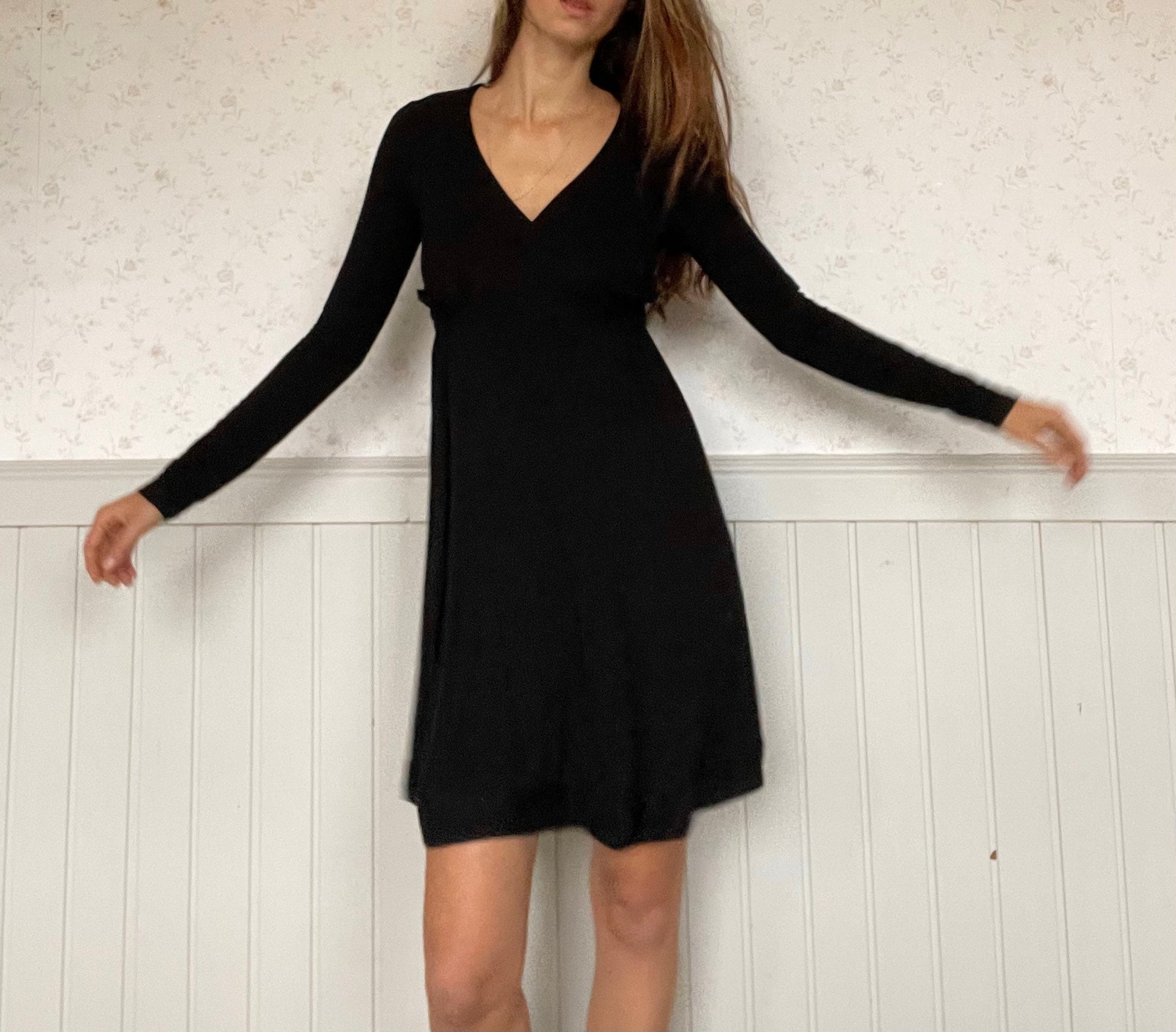 Long sleeve Little Black Dress by Twin Set, Y2K comfortable winter dress, Classic deep v neck dress, S