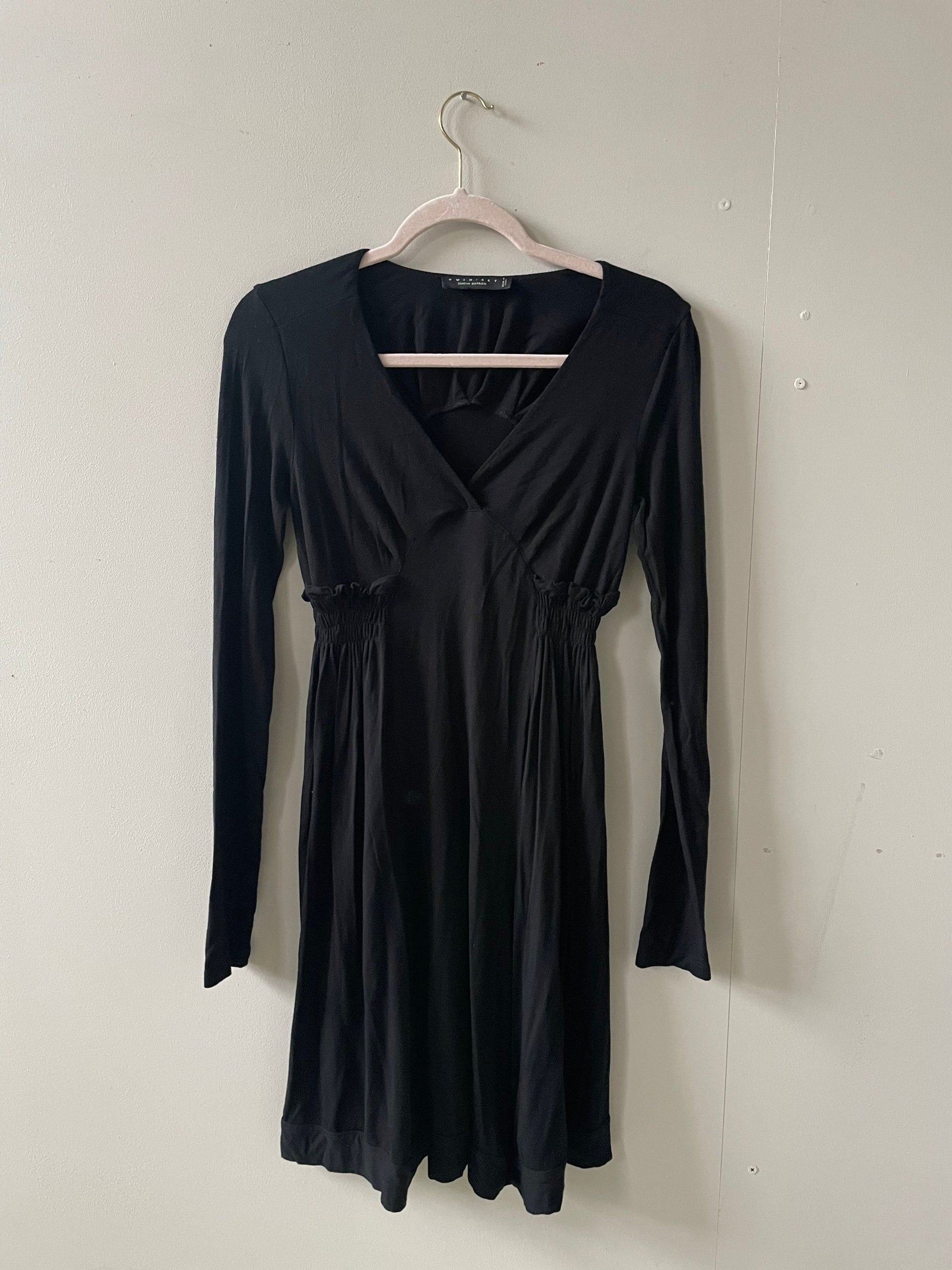 Long sleeve Little Black Dress by Twin Set, Y2K comfortable winter dress, Classic deep v neck dress, S