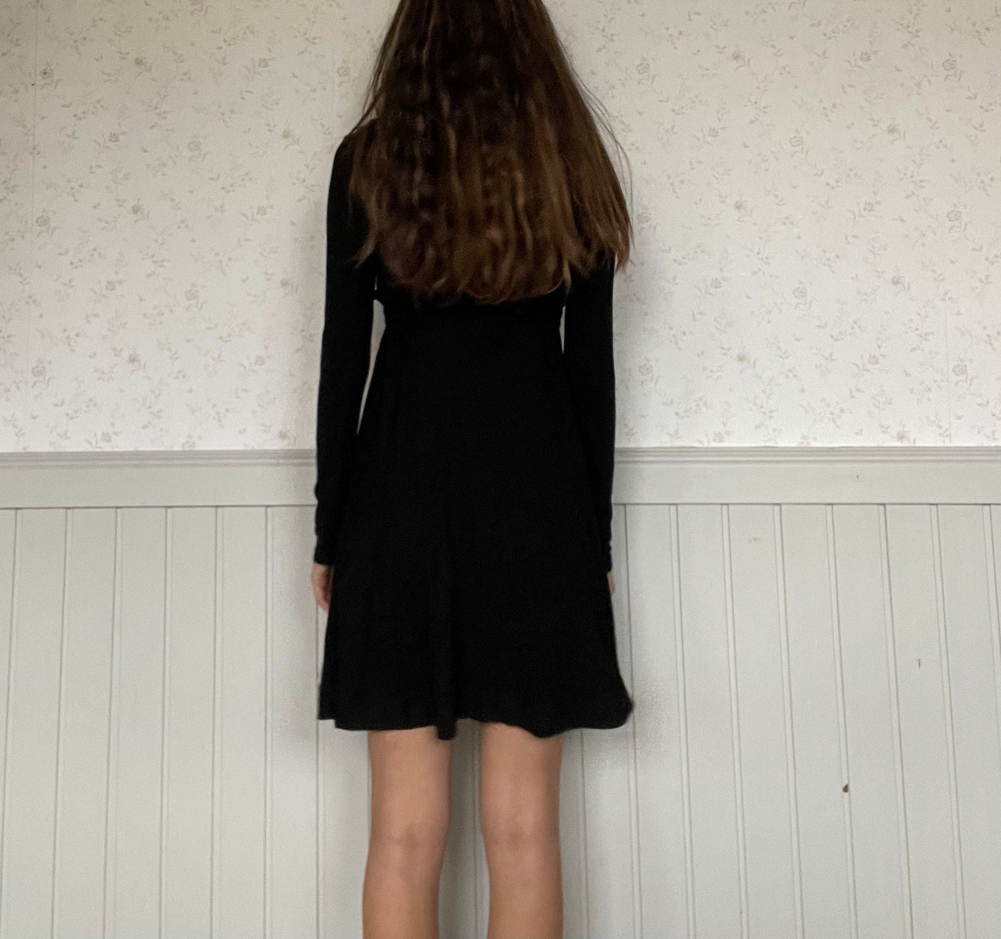 Long sleeve Little Black Dress by Twin Set, Y2K comfortable winter dress, Classic deep v neck dress, S