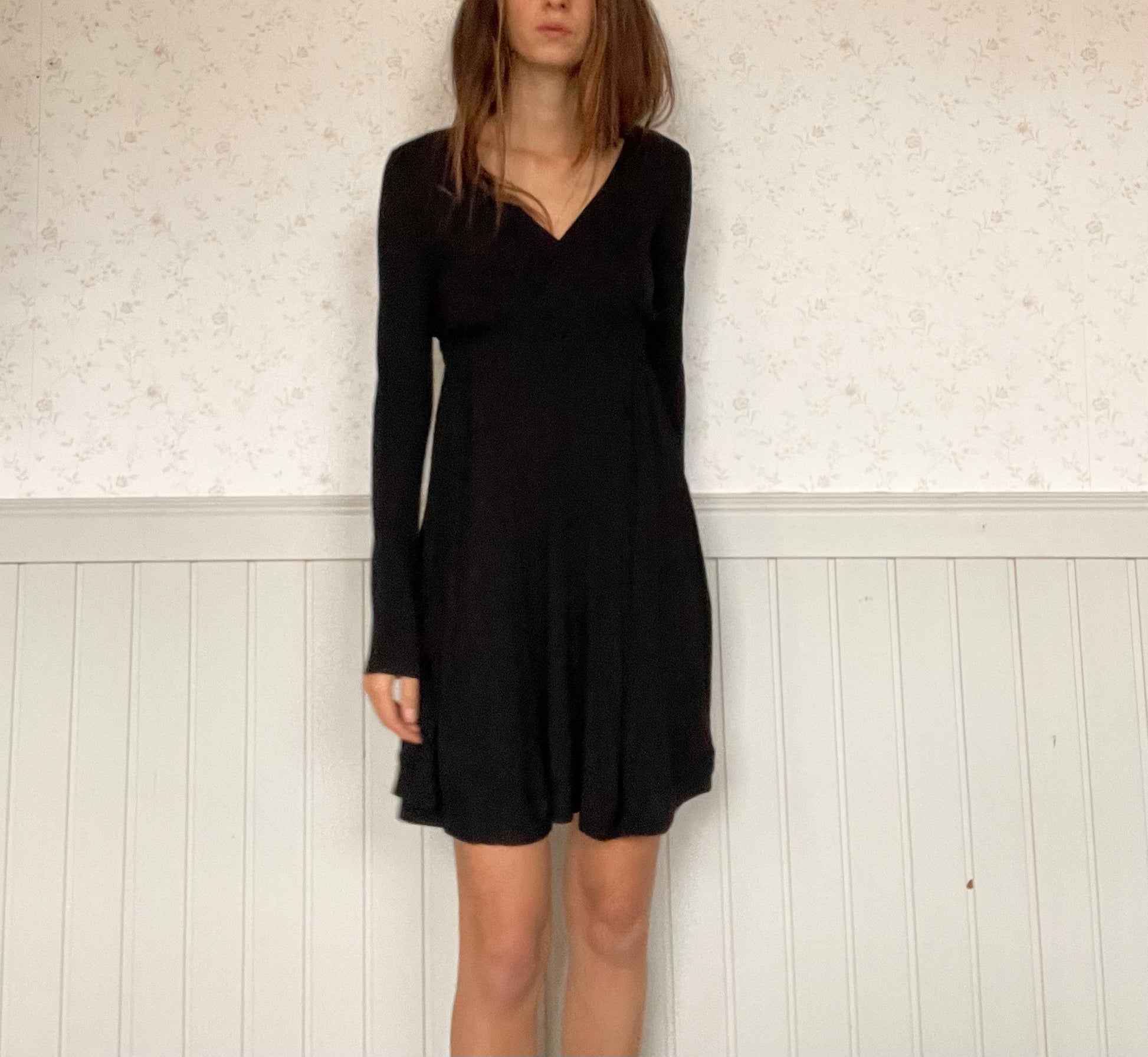 Long sleeve Little Black Dress by Twin Set, Y2K comfortable winter dress, Classic deep v neck dress, S