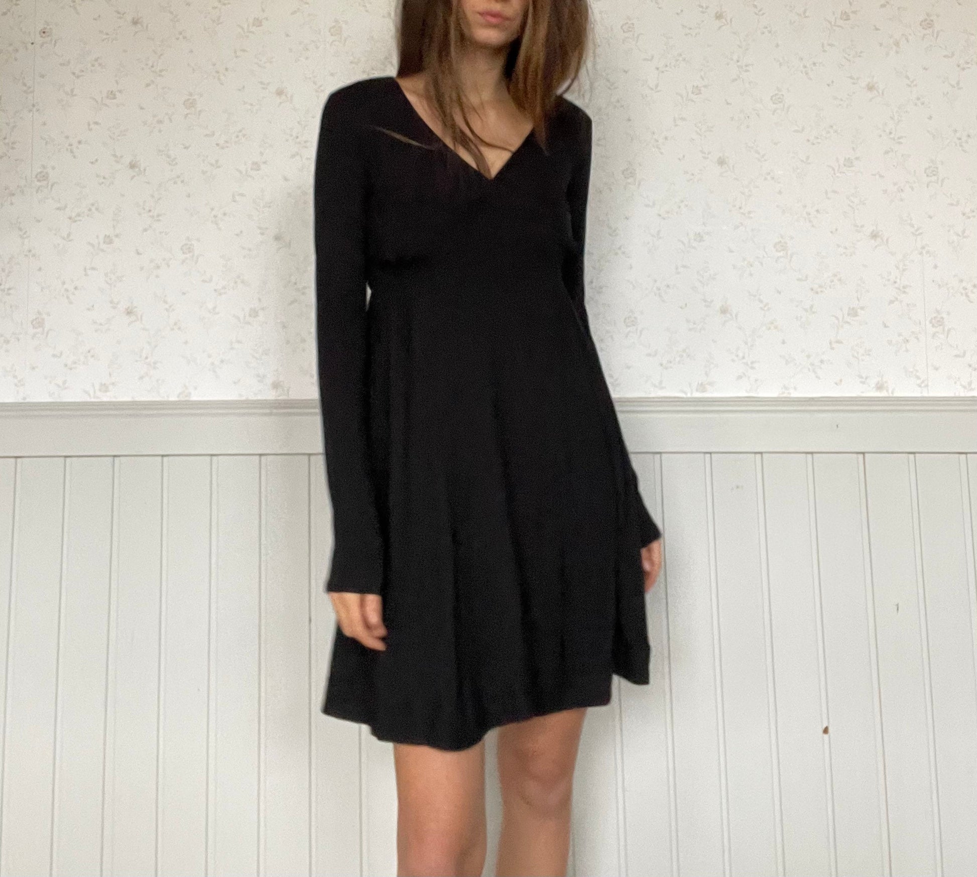 Long sleeve Little Black Dress by Twin Set, Y2K comfortable winter dress, Classic deep v neck dress, S