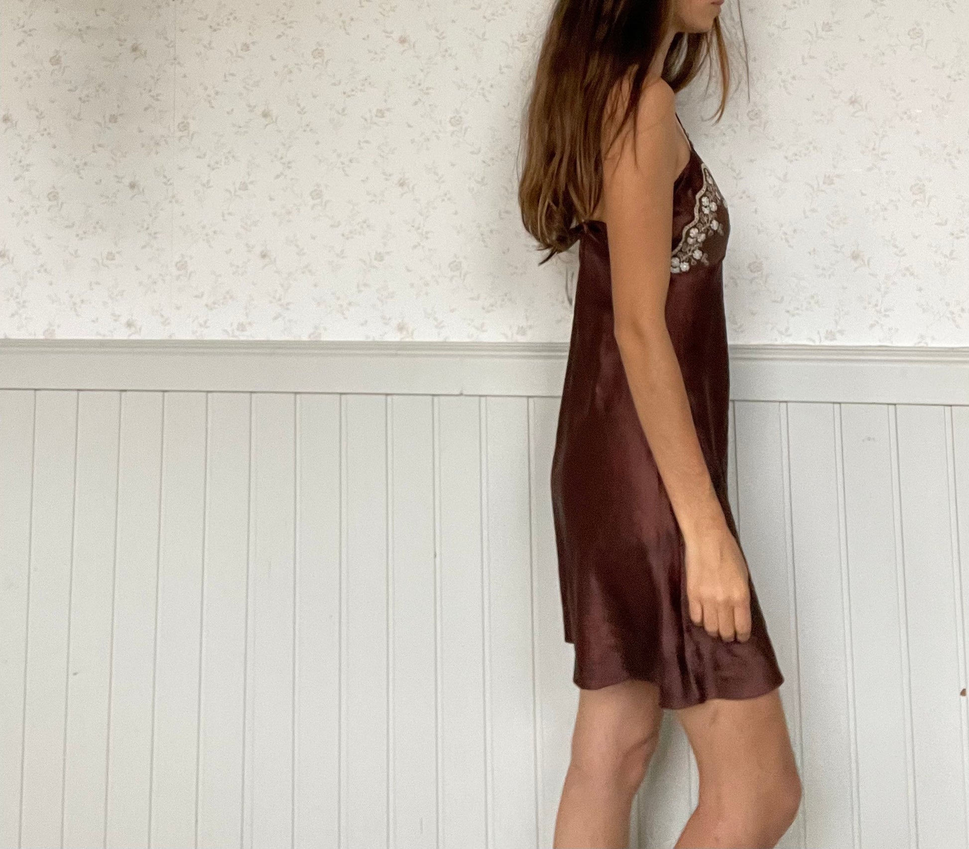 Vintage Chocolate Brown Slip Dress with Sheer Floral Bust | Y2K Lingerie Style | Cottagecore Nightgown | 90s Romantic Aesthetic
