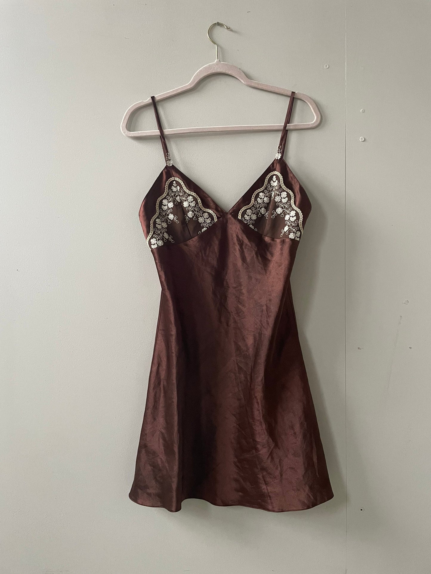 Vintage Chocolate Brown Slip Dress with Sheer Floral Bust | Y2K Lingerie Style | Cottagecore Nightgown | 90s Romantic Aesthetic
