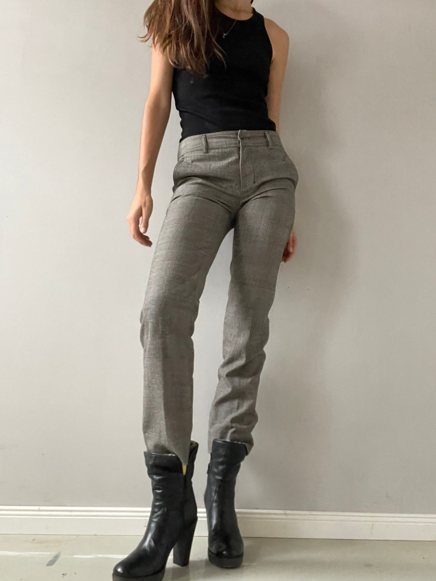 Vintage grey checkered wool Max Mara trousers, Minimalist office straight pants, Mid waist rise winter pants, S