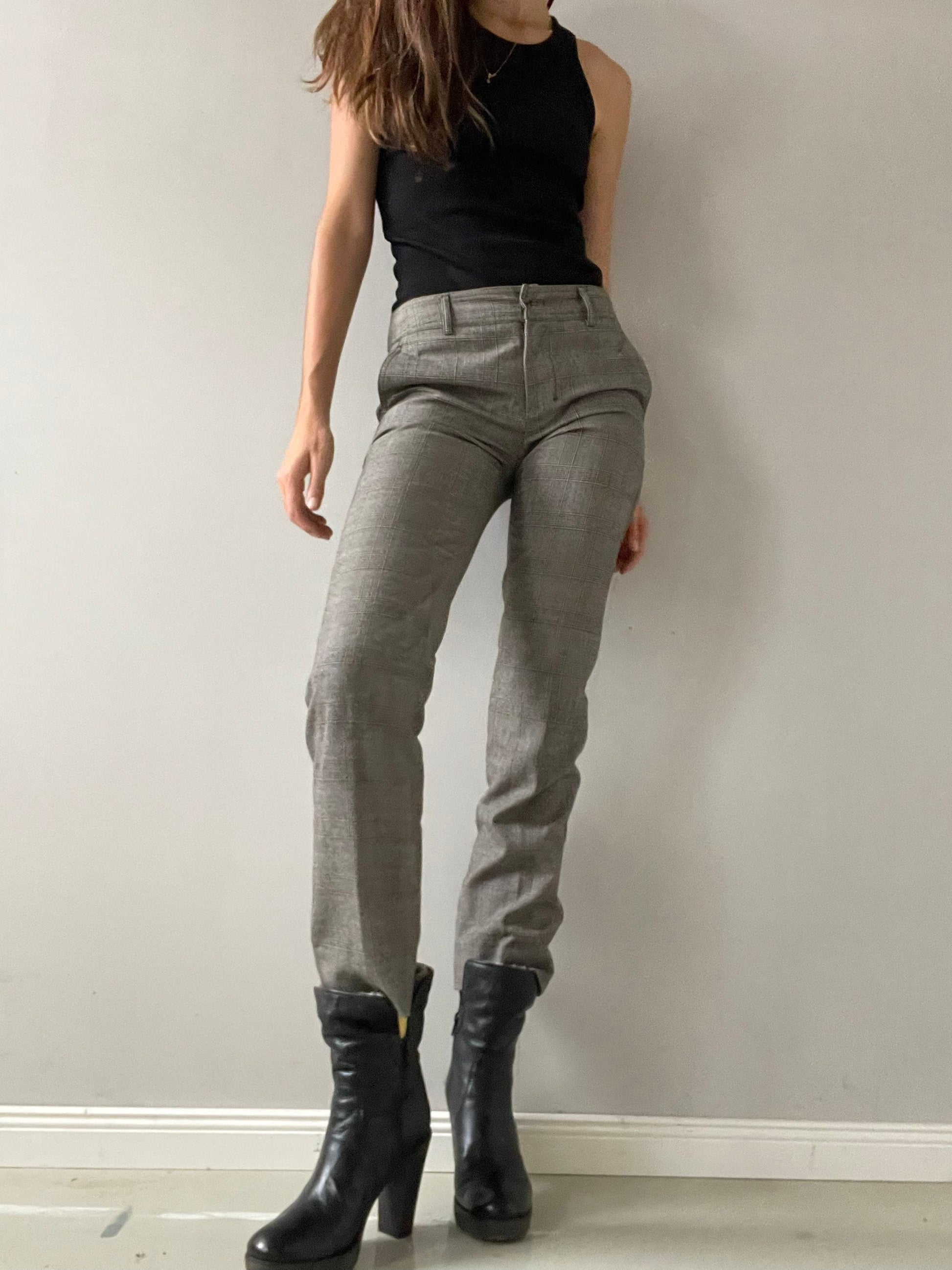 Vintage grey checkered wool Max Mara trousers, Minimalist office straight pants, Mid waist rise winter pants, S