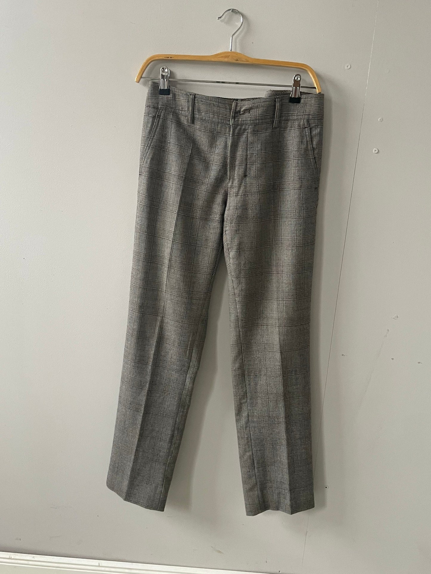Vintage grey checkered wool Max Mara trousers, Minimalist office straight pants, Mid waist rise winter pants, S