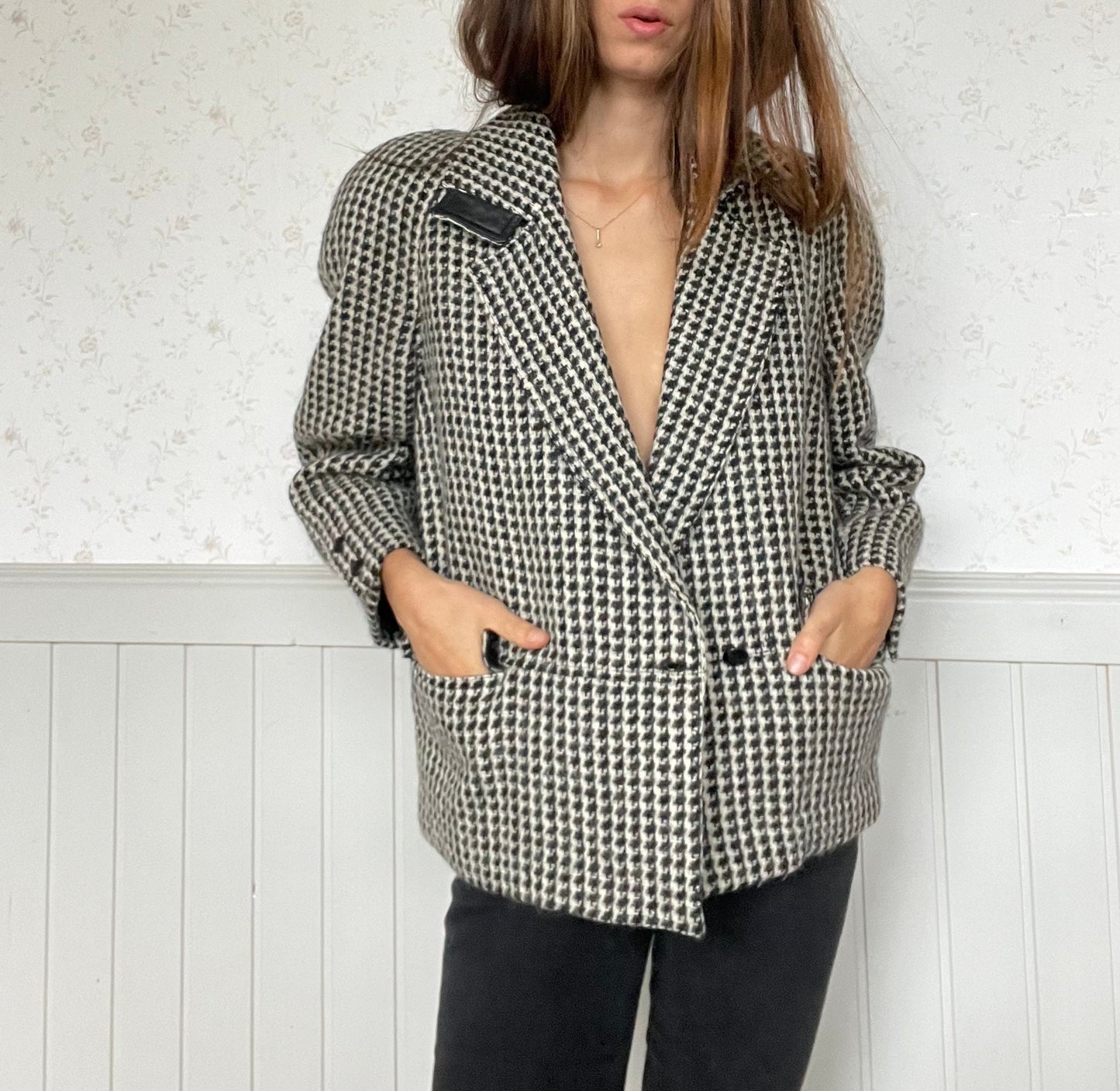 ALBERTA FERRETTI houndstooth patterned Alpaca wool blend blazer, Light academia blazer, Wool fall blazer, designer blazer, L