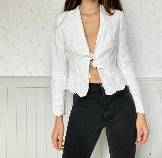 White Linen Blazer Claudia Sträter, Summer Wedding Guest Jacket with Lace Detailing, Romantic Tie Front Designer Blazer Formal, Casual Wear