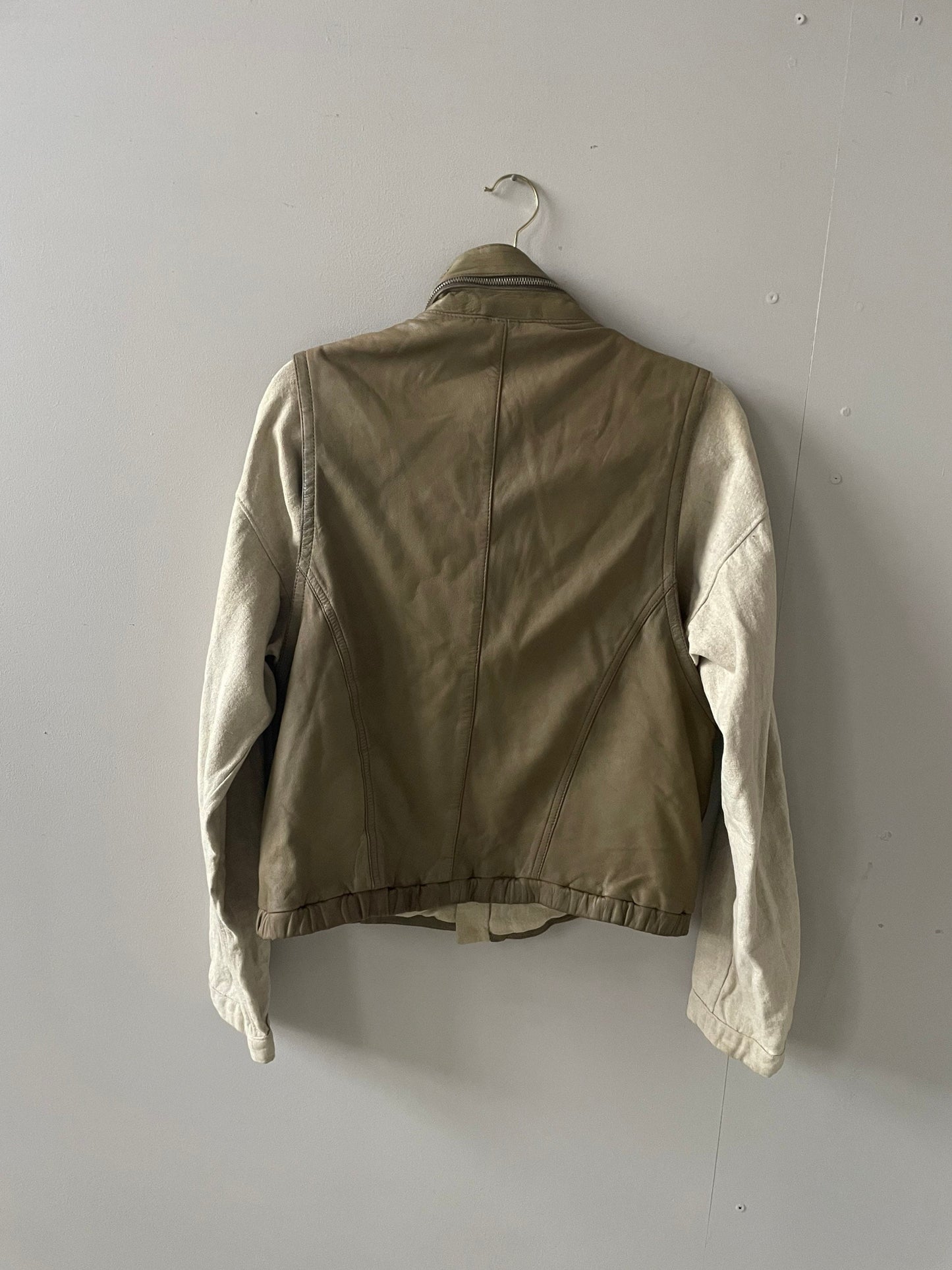 Leather and linen vintage Men's bomber jacket, Beige bomber jacket, Retro fall/ winter bomber, Natural oatmeal coloured spring jacket,L