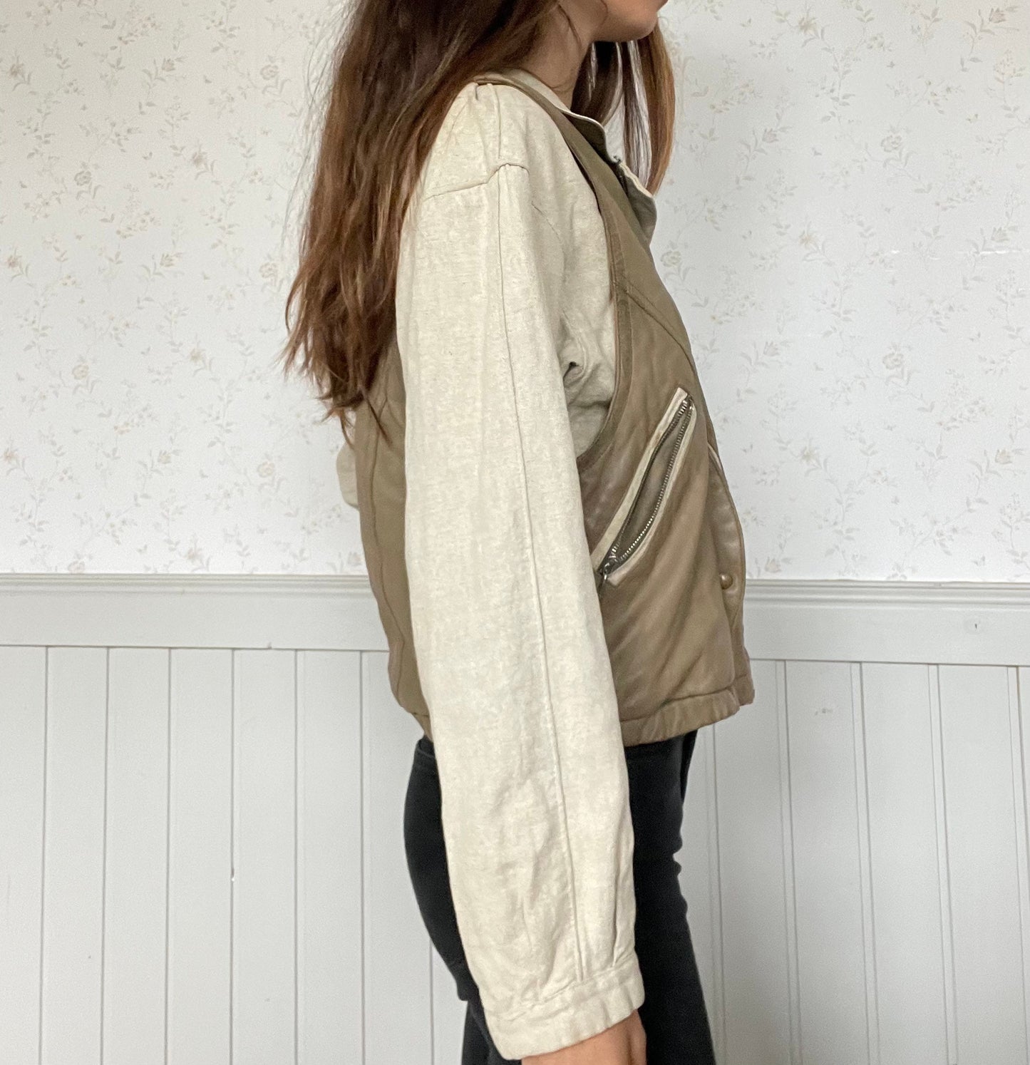 Leather and linen vintage Men's bomber jacket, Beige bomber jacket, Retro fall/ winter bomber, Natural oatmeal coloured spring jacket,L