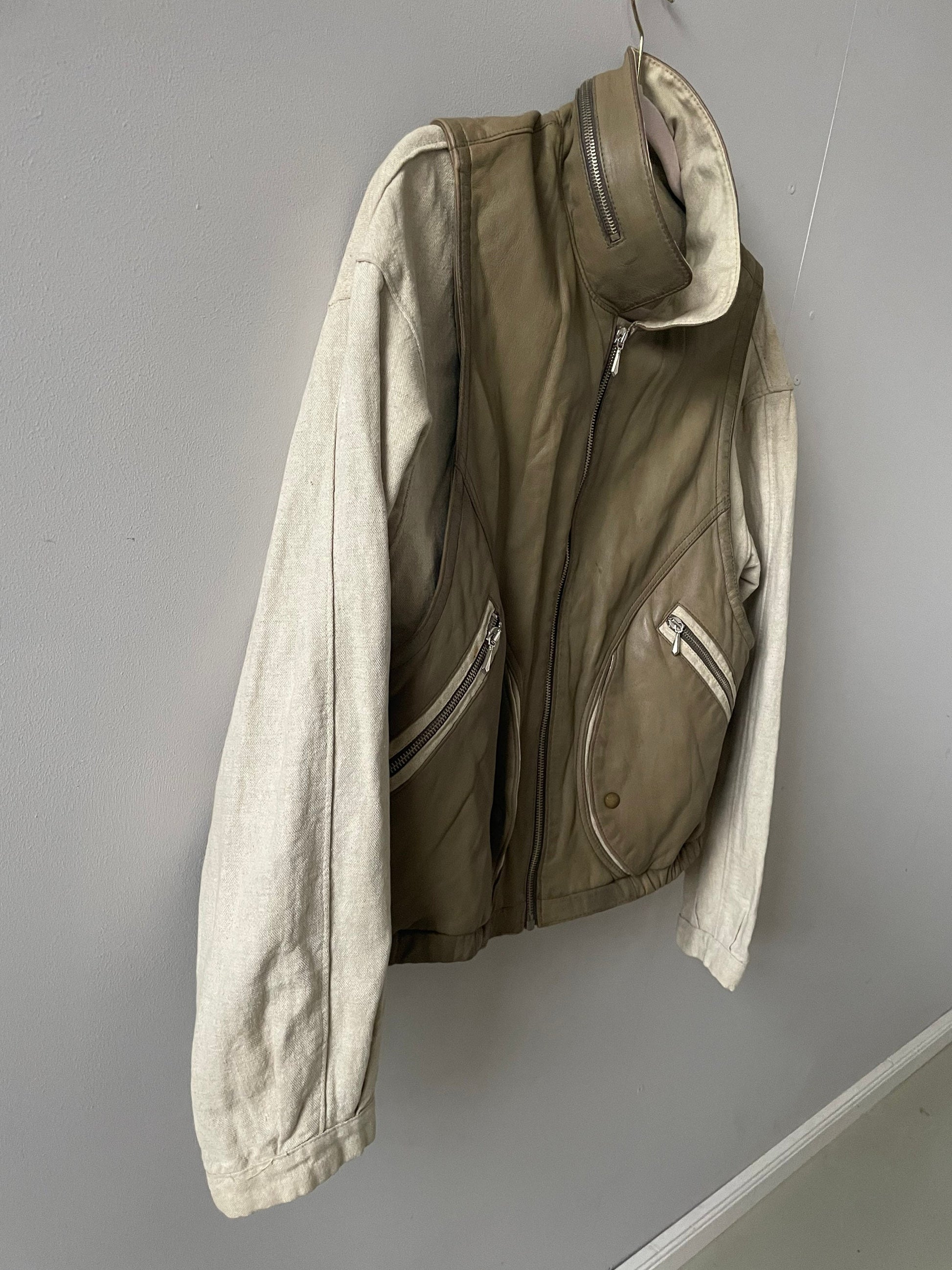 Leather and linen vintage Men's bomber jacket, Beige bomber jacket, Retro fall/ winter bomber, Natural oatmeal coloured spring jacket,L