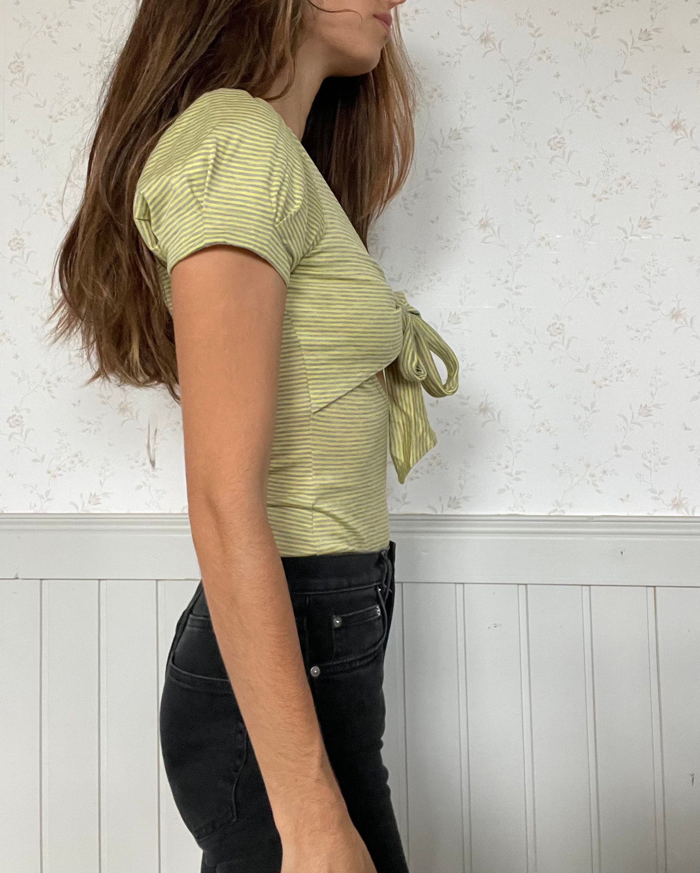 Vintage Patrizia Pepe Y2K Bubble Sleeve Top, Cutout Tie Detail, Light Green Striped Cotton Blouse, Spring Summer Fashion