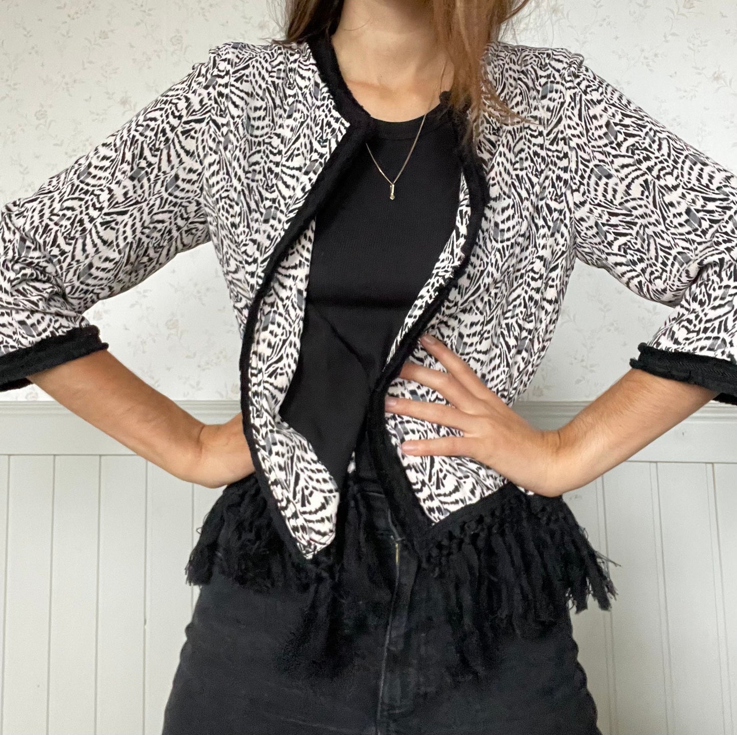 Aaiko Fringe Boho Jacket – Abstract Animal Print Tassel Cardigan – Beach Coverup or Festival Layer