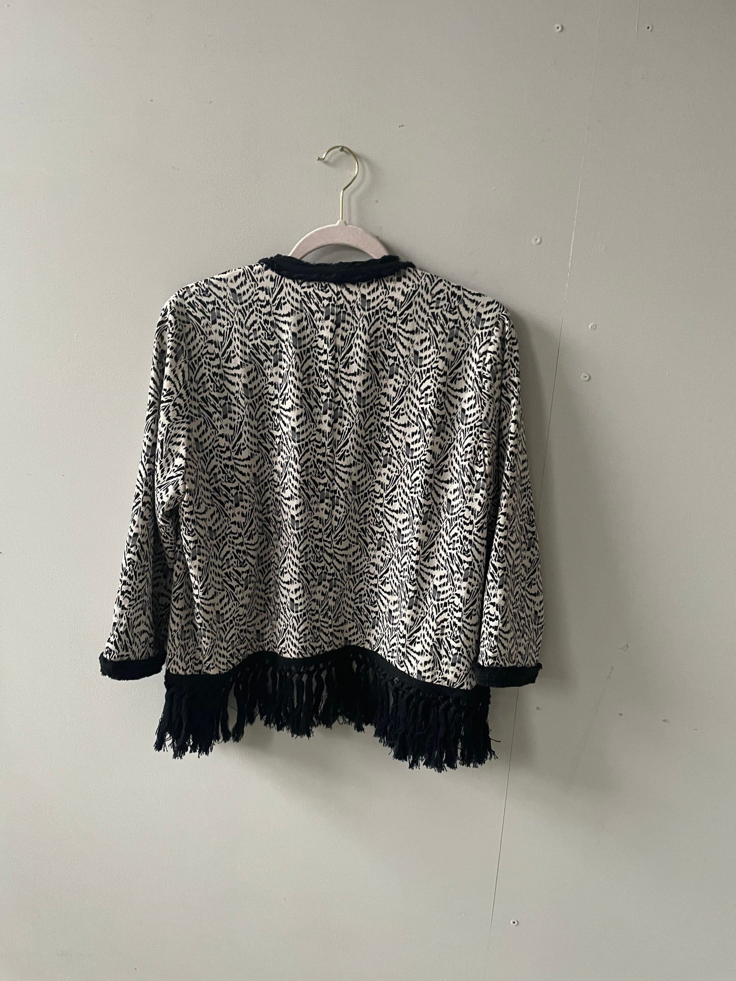 Aaiko Fringe Boho Jacket – Abstract Animal Print Tassel Cardigan – Beach Coverup or Festival Layer