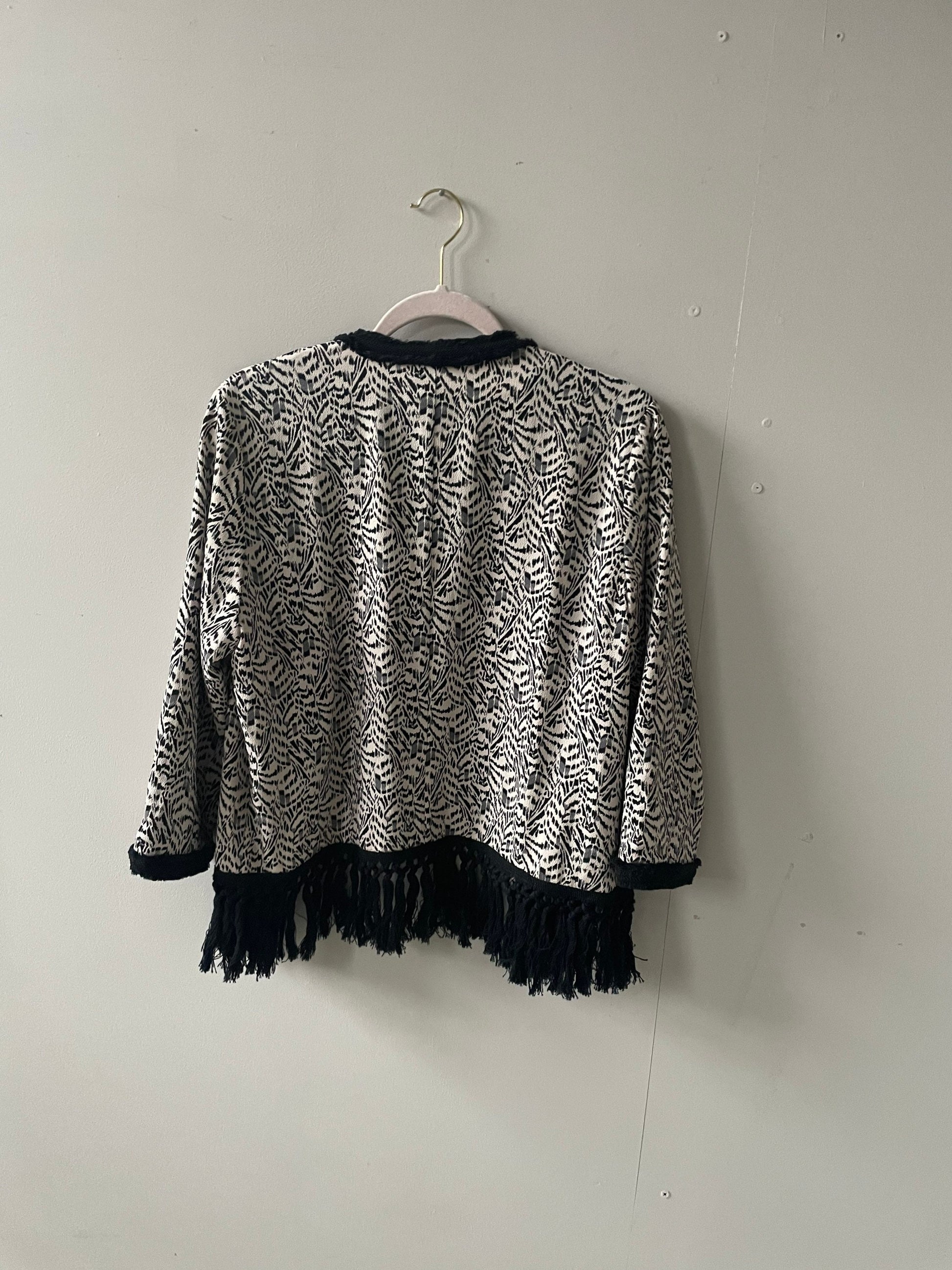 Aaiko Fringe Boho Jacket – Abstract Animal Print Tassel Cardigan – Beach Coverup or Festival Layer