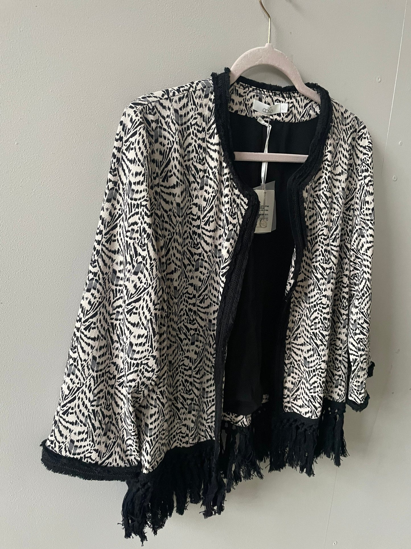 Aaiko Fringe Boho Jacket – Abstract Animal Print Tassel Cardigan – Beach Coverup or Festival Layer