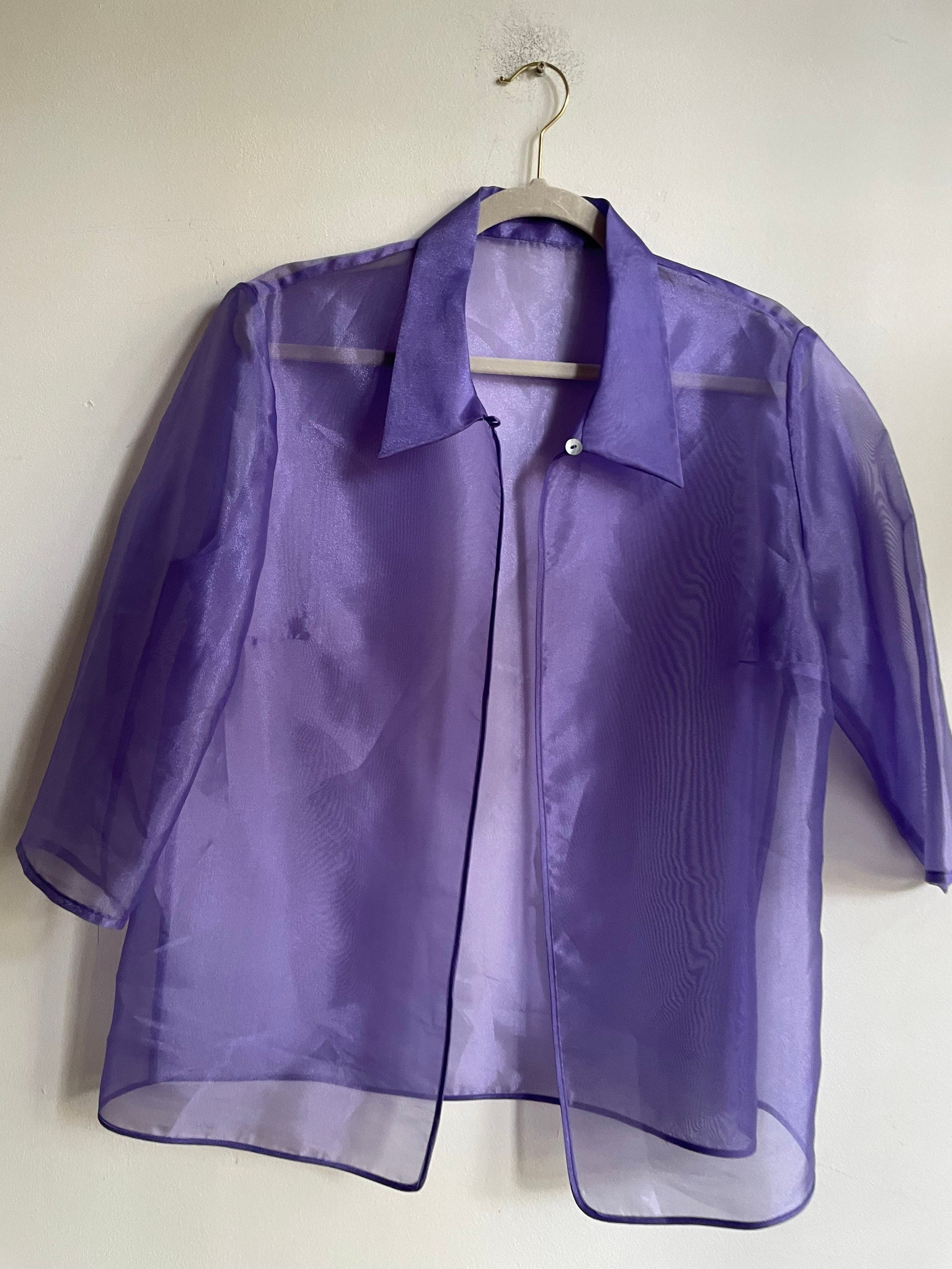 Vintage Sheer Purple Organza Blouse 90s See Through Mesh Shirt Sexy Festival Top Lightweight Button Up Clubwear Style Paris Hilton Y2K Vibe