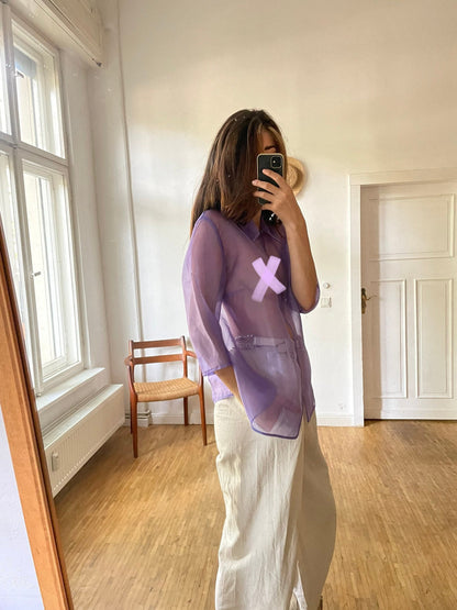 Vintage Sheer Purple Organza Blouse — fabric close-up