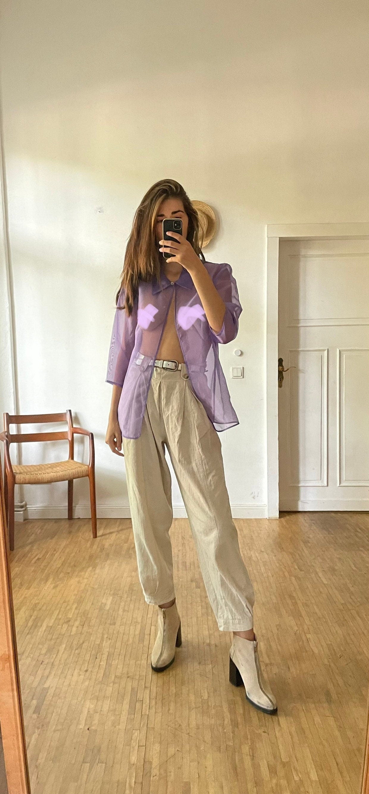 Vintage Sheer Purple Organza Blouse 90s See Through Mesh Shirt Sexy Festival Top Lightweight Button Up Clubwear Style Paris Hilton Y2K Vibe