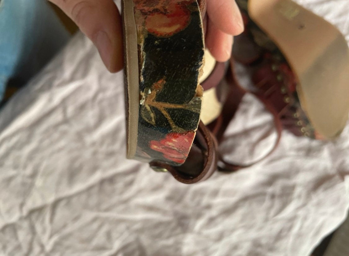 Vintage Isabel Marant platform sandals, leather in burgundy brown, open toe, floral detailed heel, bohemian grunge, EU 41