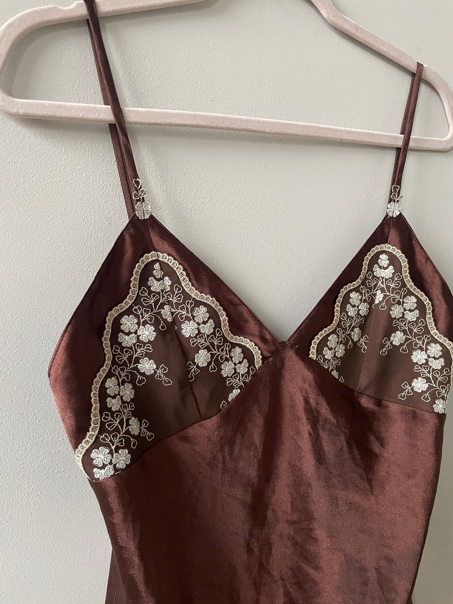 Elegant brown night wear, Sexy vintage woman's nightgown, Romantic feminine nightgown, Floral lace slip dress, Cottage core nightie, M