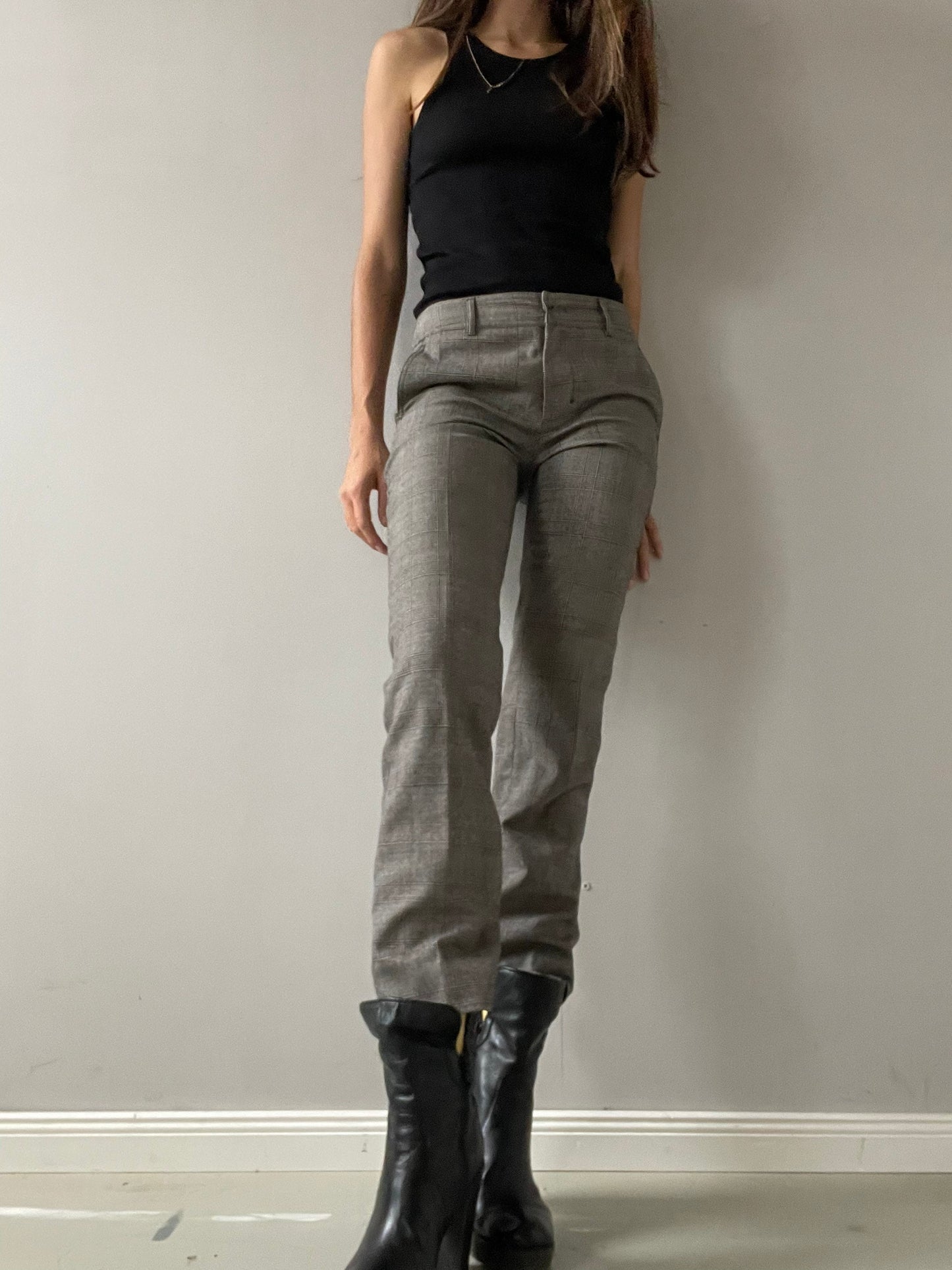 Vintage grey checkered wool Max Mara trousers, Minimalist office straight pants, Mid waist rise winter pants, S