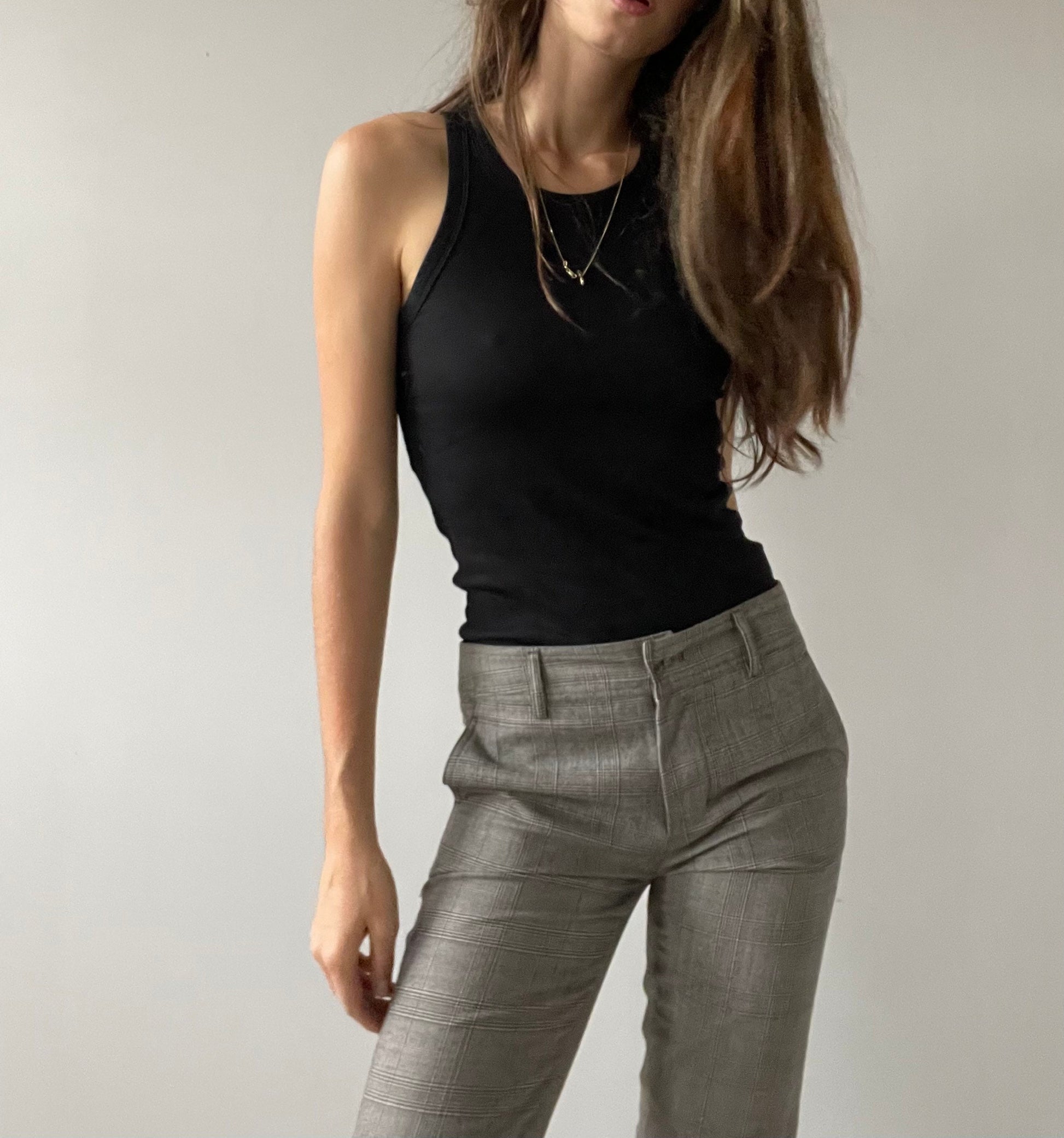 Vintage grey checkered wool Max Mara trousers, Minimalist office straight pants, Mid waist rise winter pants, S