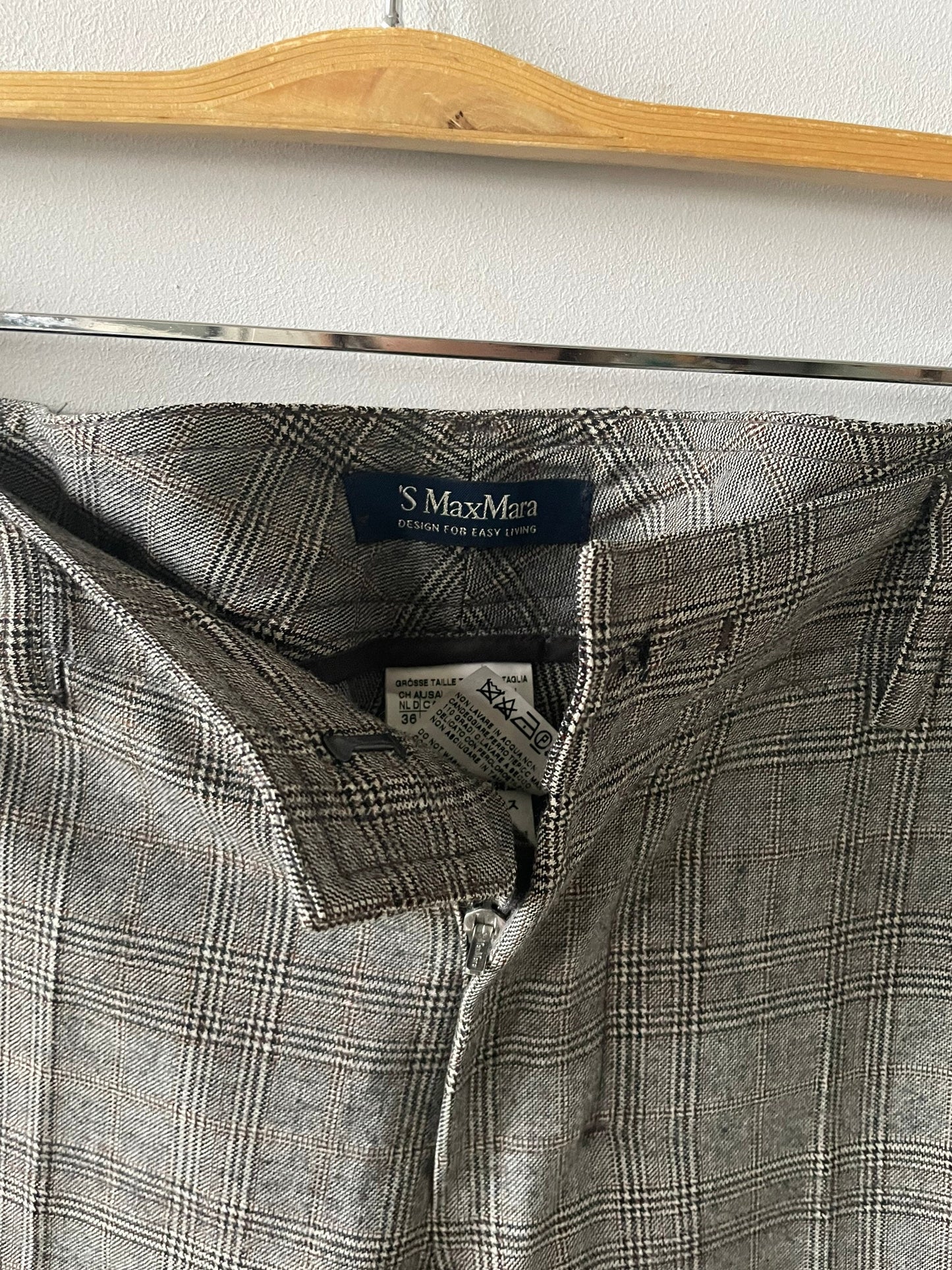 Vintage grey checkered wool Max Mara trousers, Minimalist office straight pants, Mid waist rise winter pants, S