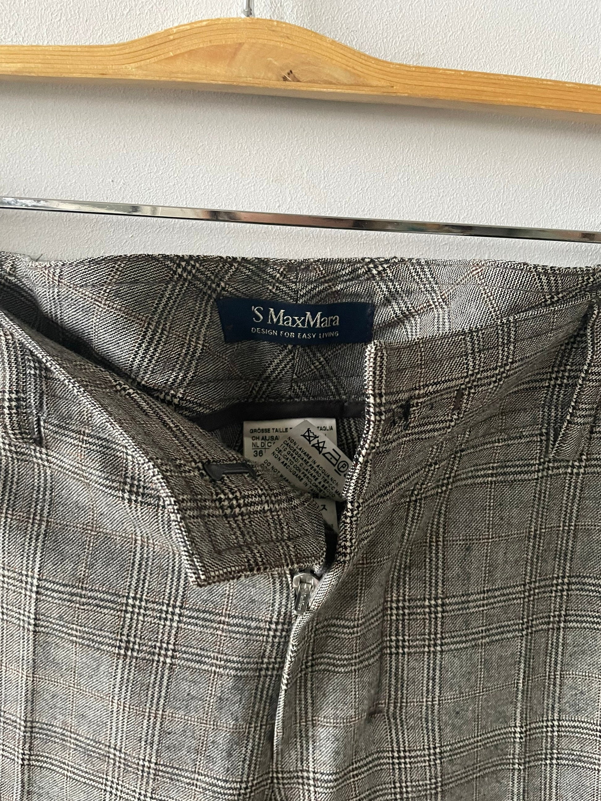 Vintage grey checkered wool Max Mara trousers, Minimalist office straight pants, Mid waist rise winter pants, S