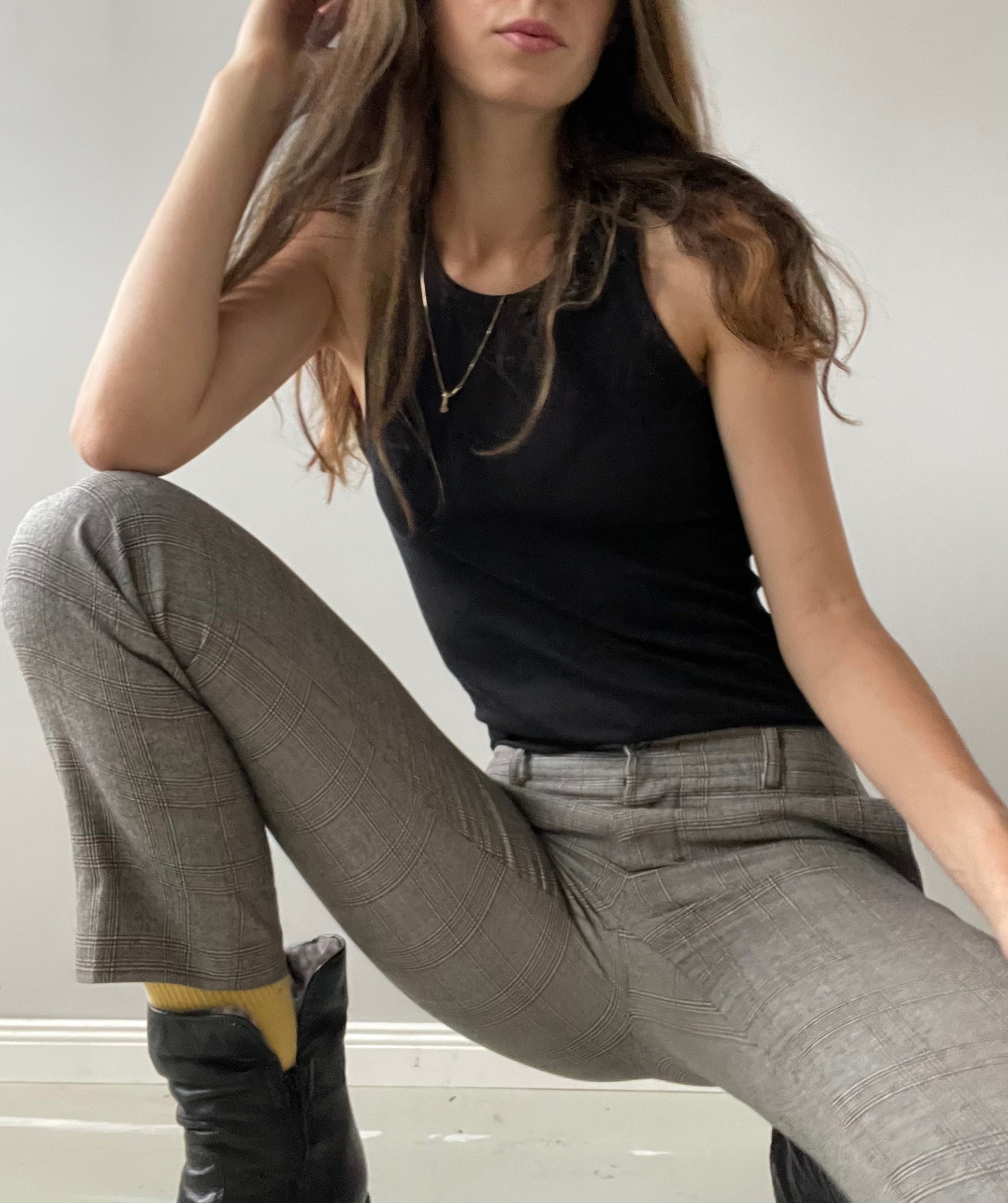 Vintage grey checkered wool Max Mara trousers, Minimalist office straight pants, Mid waist rise winter pants, S