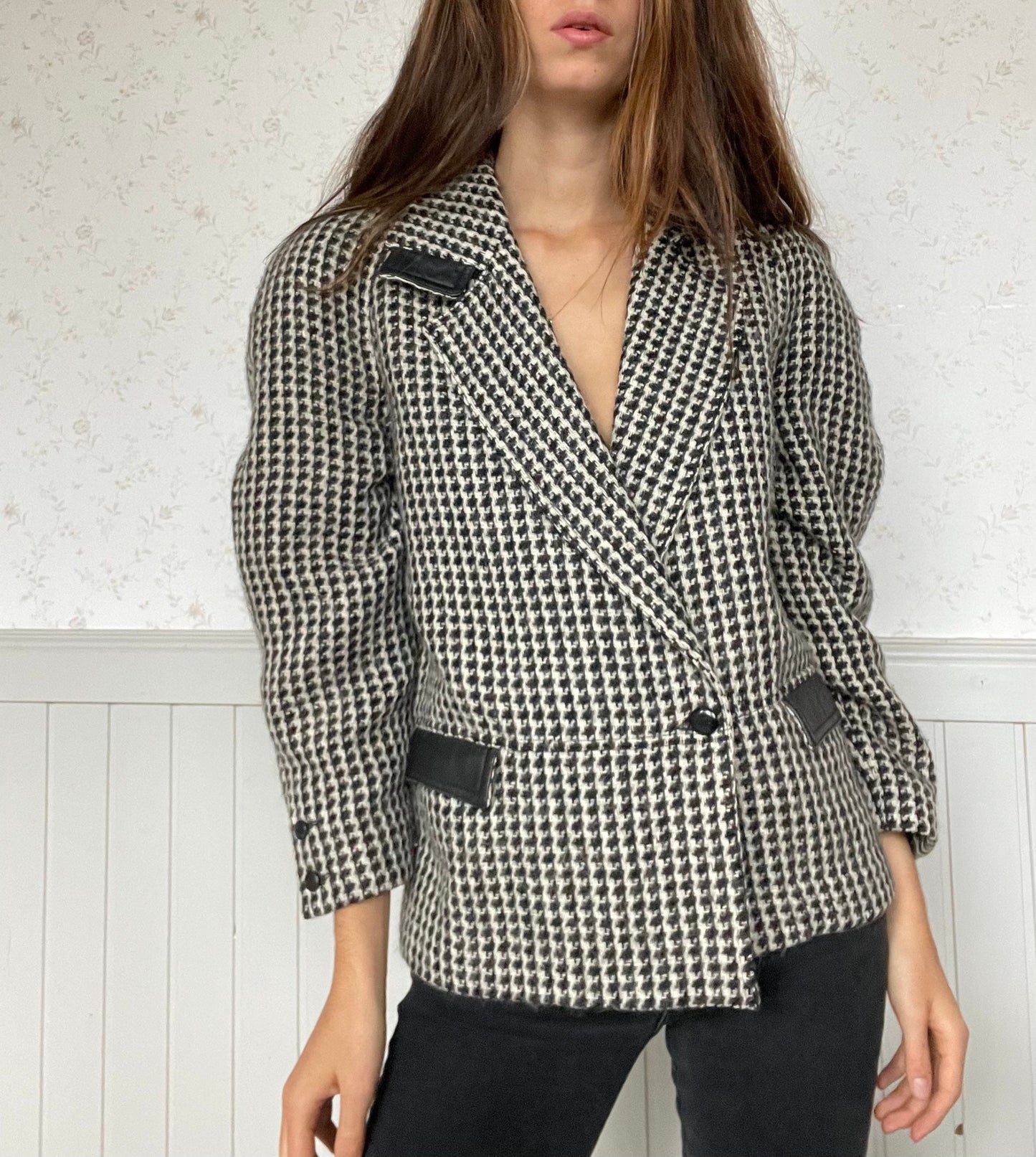 ALBERTA FERRETTI houndstooth patterned Alpaca wool blend blazer, Light academia blazer, Wool fall blazer, designer blazer, L