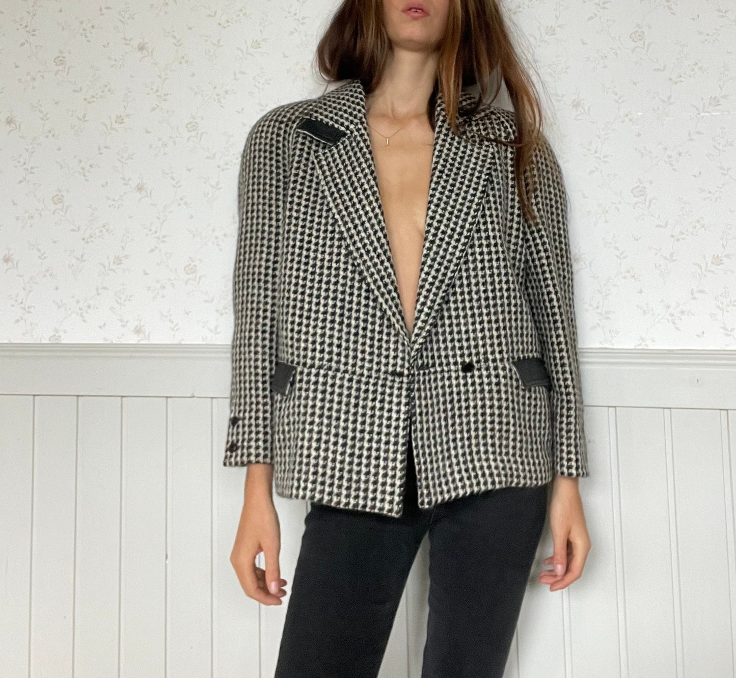 ALBERTA FERRETTI houndstooth patterned Alpaca wool blend blazer, Light academia blazer, Wool fall blazer, designer blazer, L