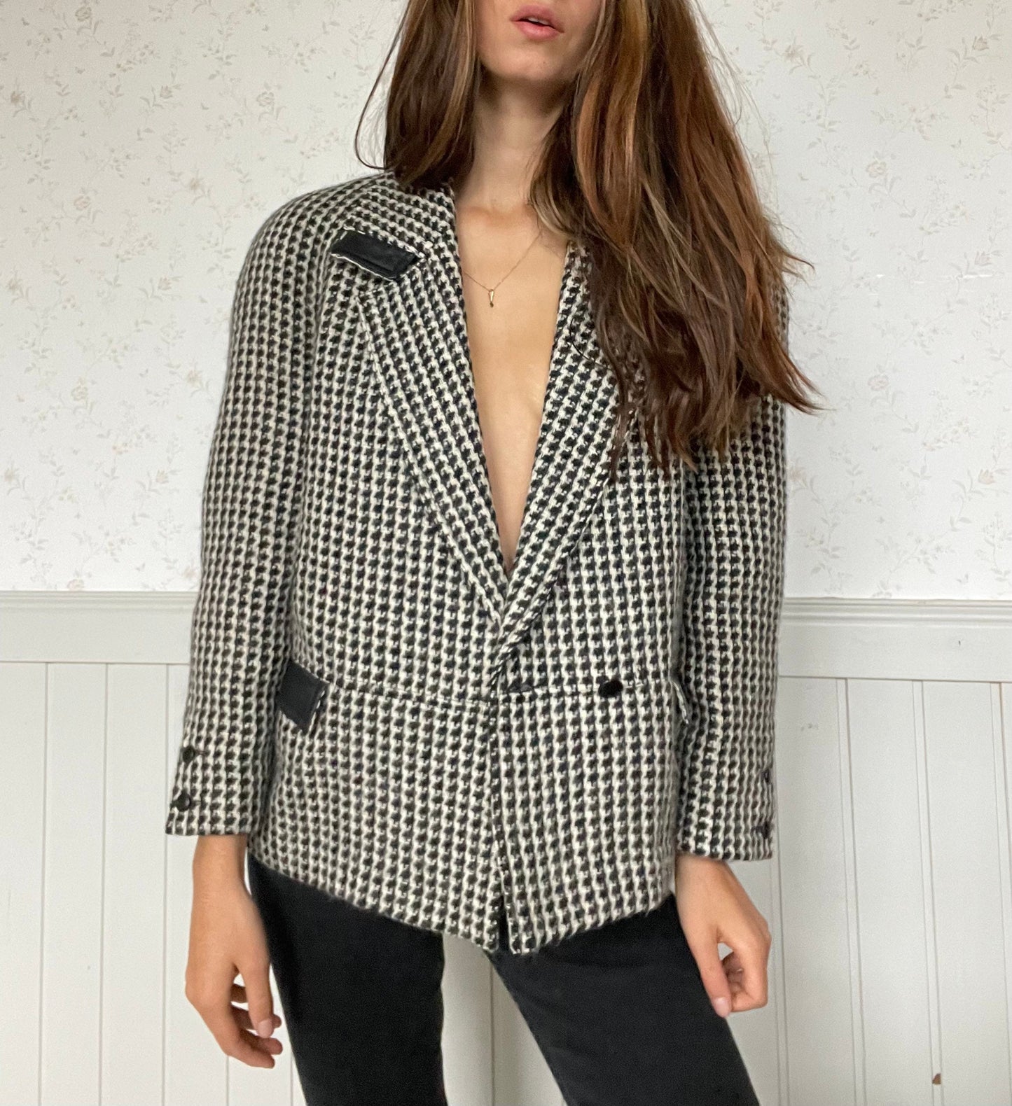 ALBERTA FERRETTI houndstooth patterned Alpaca wool blend blazer, Light academia blazer, Wool fall blazer, designer blazer, L