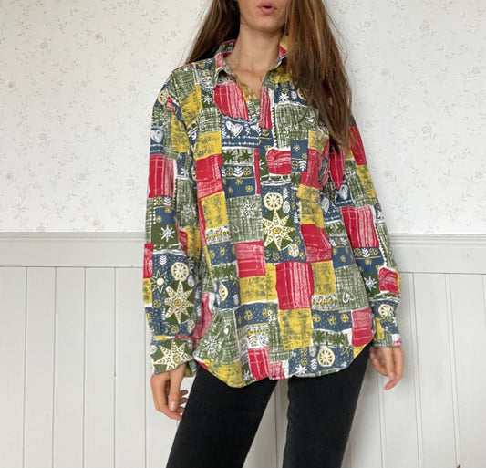 Horizonte 80s Christmas themed shirt, Oversized button up, Colourful 80s shirt, Patchwork hipster blouse, Ugly 80s button up, Tie up shirt