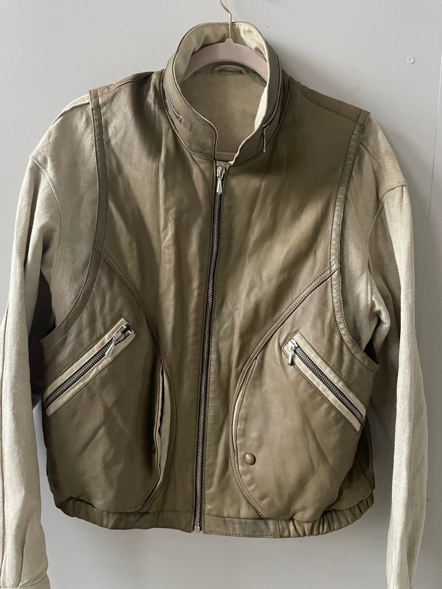 Leather and linen vintage Men's bomber jacket, Beige bomber jacket, Retro fall/ winter bomber, Natural oatmeal coloured spring jacket,L