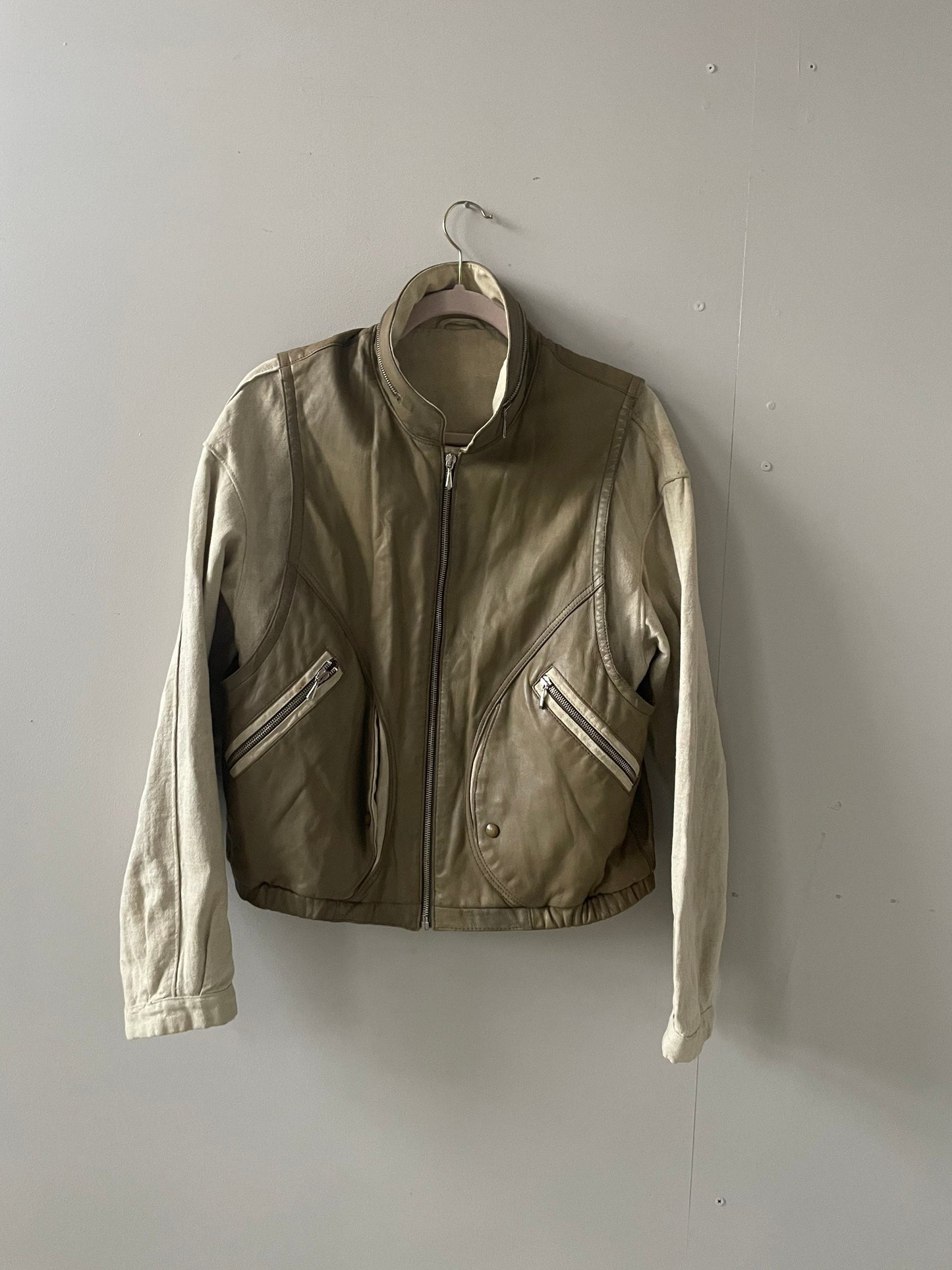 Leather and linen vintage Men's bomber jacket, Beige bomber jacket, Retro fall/ winter bomber, Natural oatmeal coloured spring jacket,L