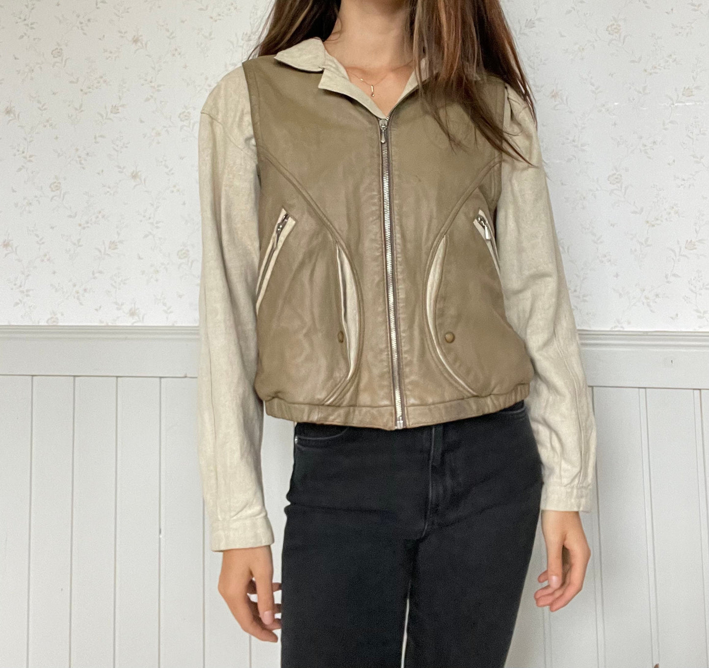 Leather and linen vintage Men's bomber jacket, Beige bomber jacket, Retro fall/ winter bomber, Natural oatmeal coloured spring jacket,L