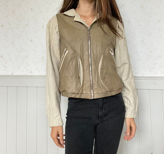 Leather and linen vintage Men's bomber jacket, Beige bomber jacket, Retro fall/ winter bomber, Natural oatmeal coloured spring jacket,L