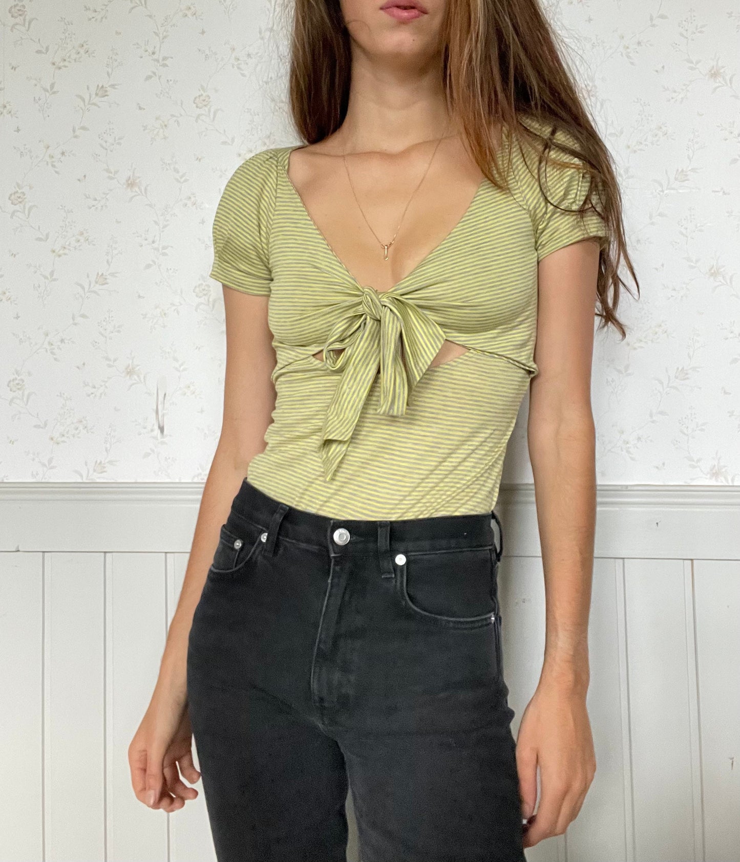 Vintage Patrizia Pepe Y2K Bubble Sleeve Top, Cutout Tie Detail, Light Green Striped Cotton Blouse, Spring Summer Fashion