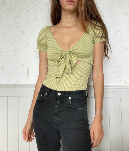 Vintage Patrizia Pepe Y2K Bubble Sleeve Top, Cutout Tie Detail, Light Green Striped Cotton Blouse, Spring Summer Fashion