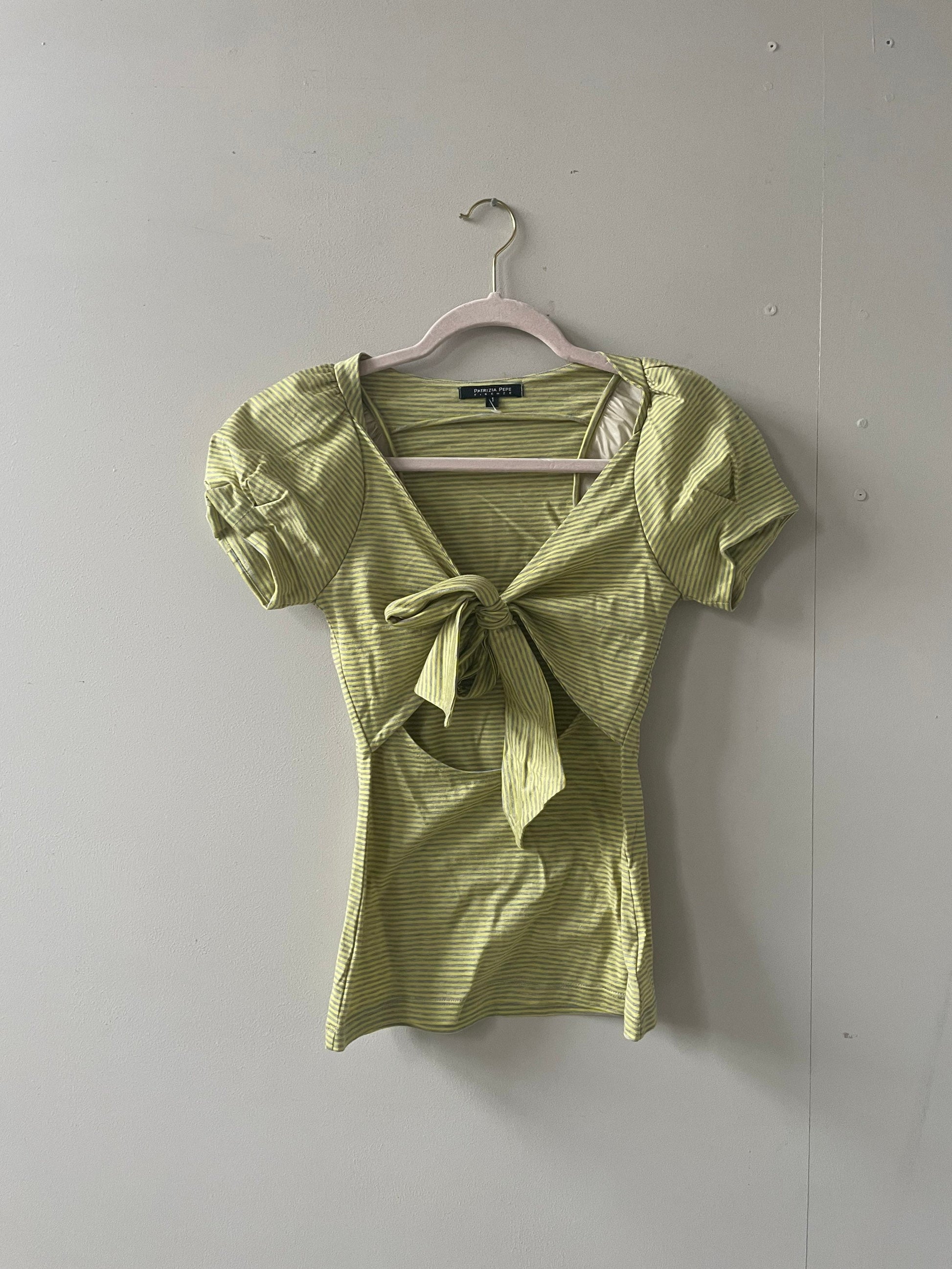 Vintage Patrizia Pepe Y2K Bubble Sleeve Top, Cutout Tie Detail, Light Green Striped Cotton Blouse, Spring Summer Fashion