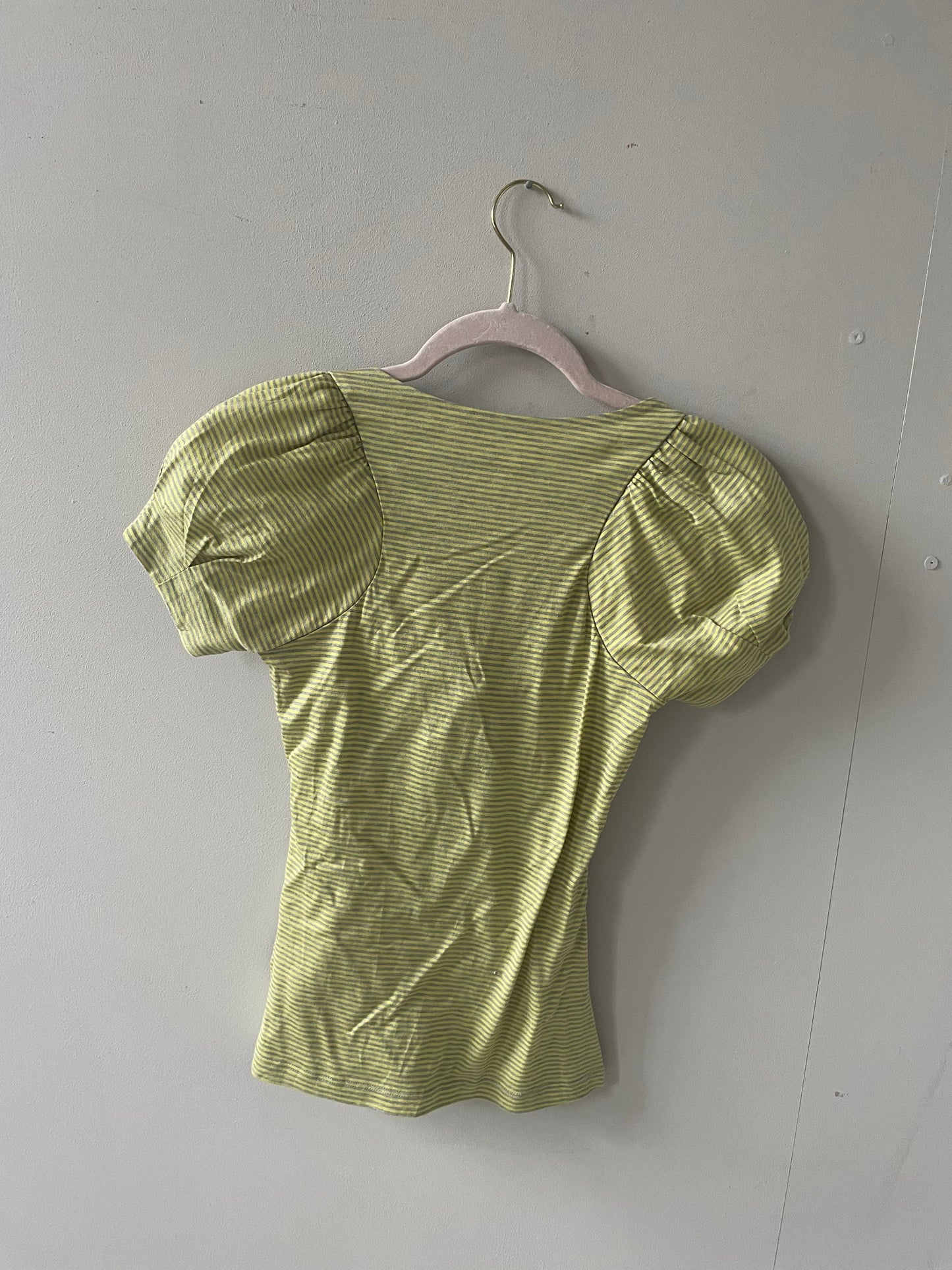 Vintage Patrizia Pepe Y2K Bubble Sleeve Top, Cutout Tie Detail, Light Green Striped Cotton Blouse, Spring Summer Fashion