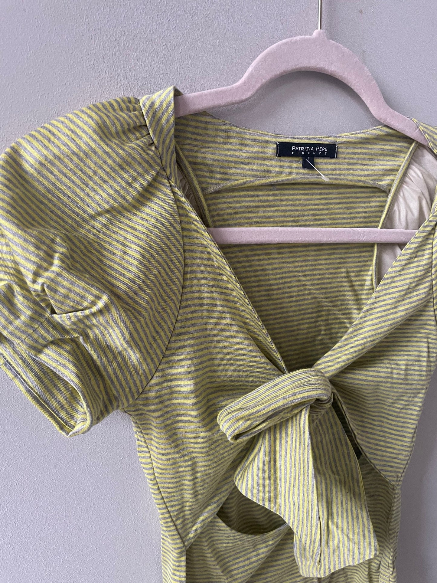 Vintage Patrizia Pepe Y2K Bubble Sleeve Top, Cutout Tie Detail, Light Green Striped Cotton Blouse, Spring Summer Fashion