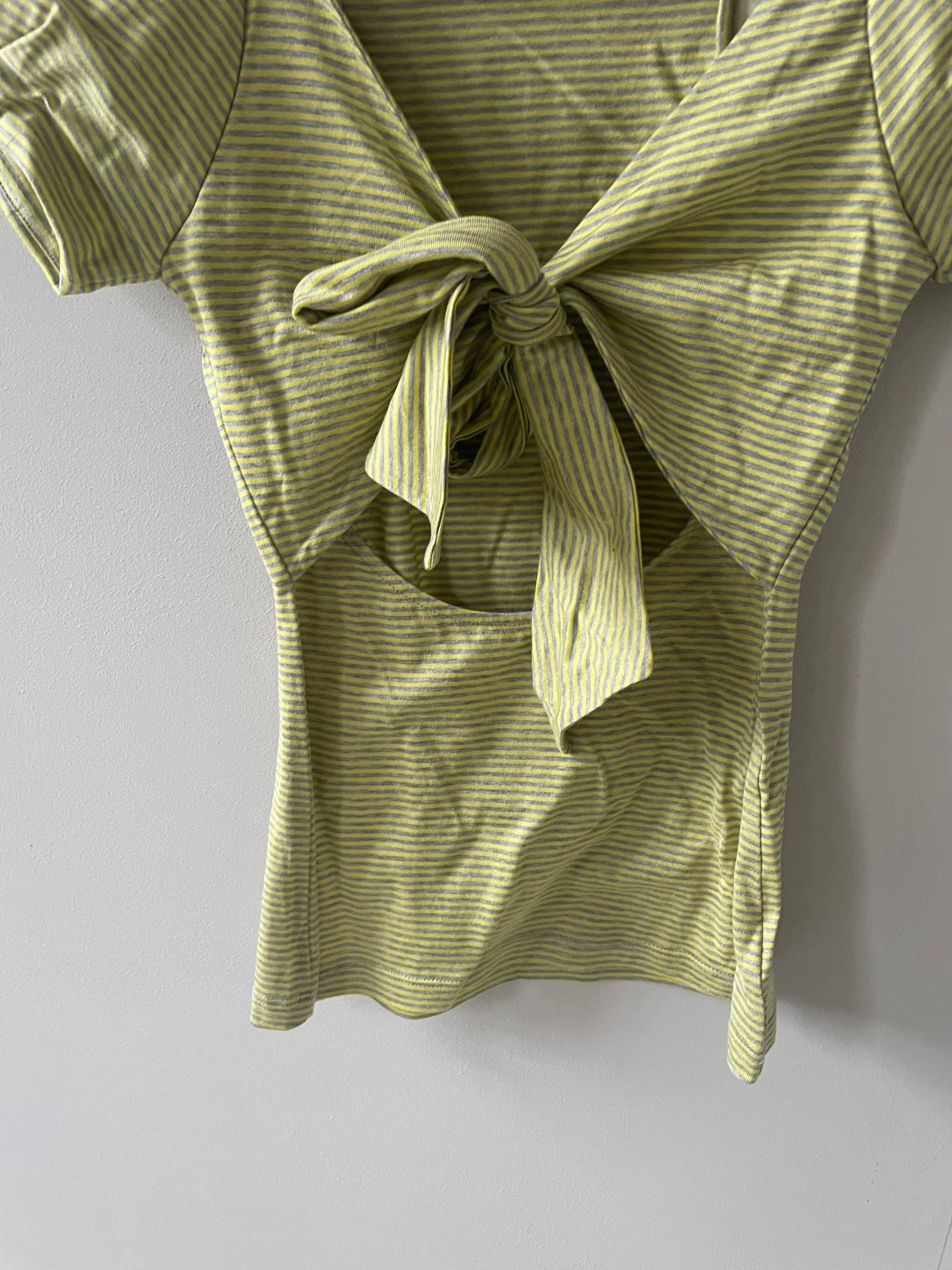 Vintage Patrizia Pepe Y2K Bubble Sleeve Top, Cutout Tie Detail, Light Green Striped Cotton Blouse, Spring Summer Fashion
