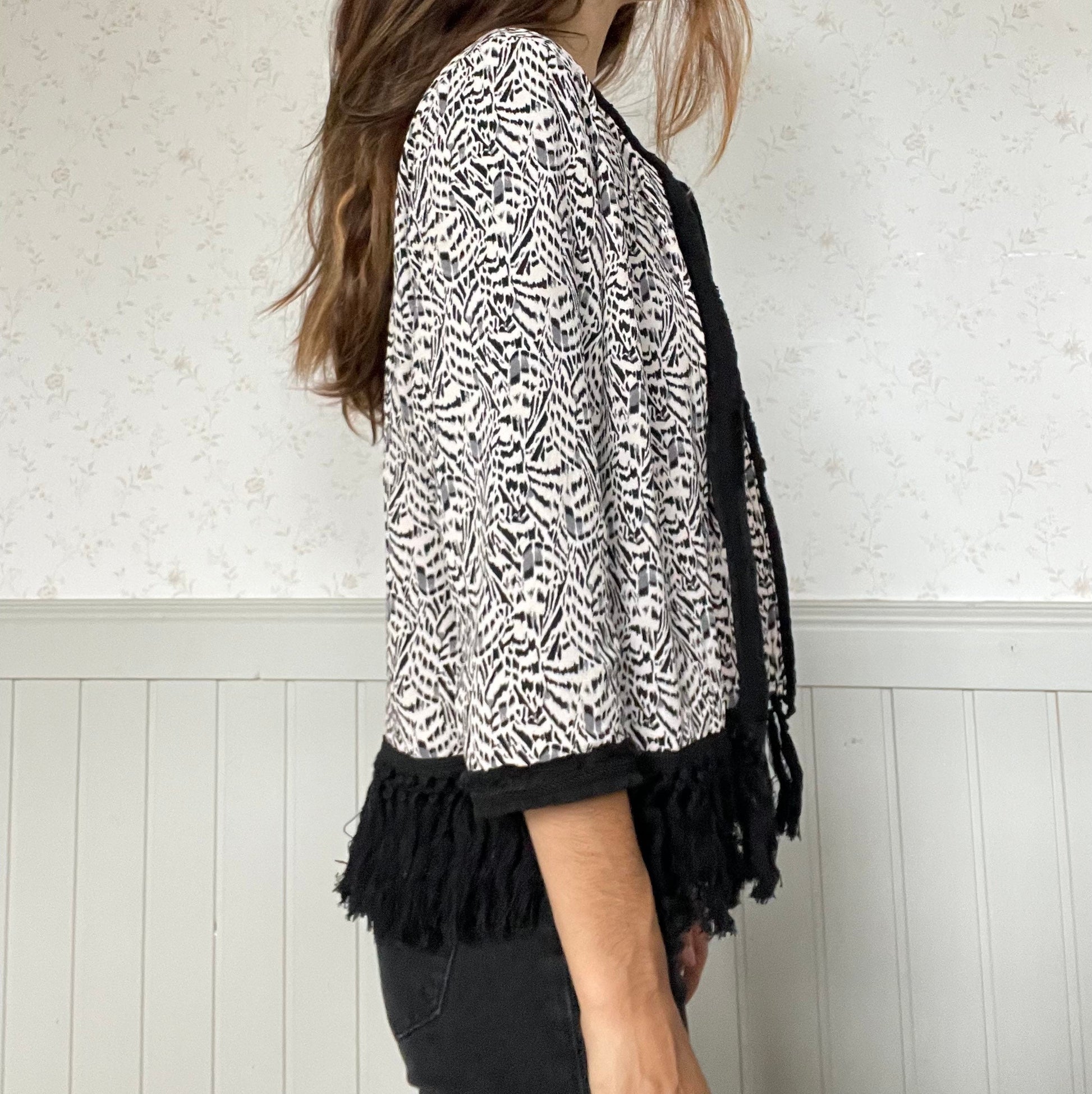 Aaiko Fringe Boho Jacket – Abstract Animal Print Tassel Cardigan – Beach Coverup or Festival Layer