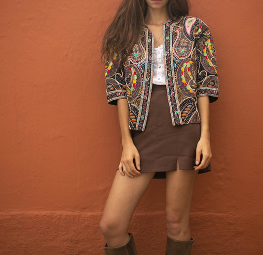 Silk beaded bohemian jacket, Sevilla embellished evening coat, One of a kind vintage piece, Sparkling eyecatcher outfit, Boho summer wear