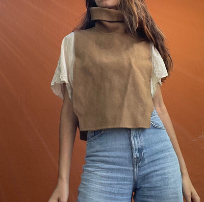 Wool Tan Turtleneck Shawl — back view
