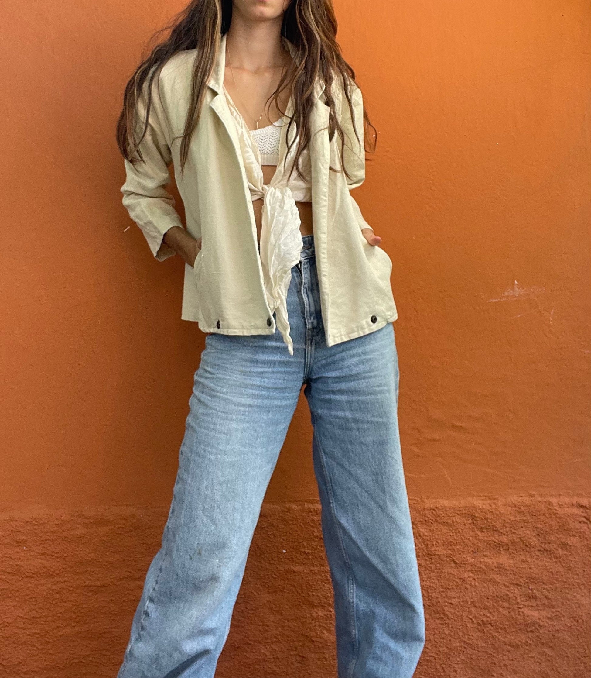 Neutral linen blazer jacket, Vintage smart blazer, Australian natural women clothing, Retro women's clothing, Autumn jacket,