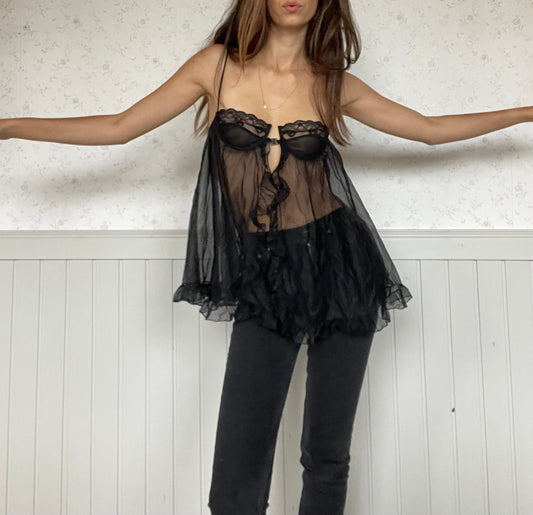 Vintage sexy sheer black babydoll, See through negligee, Cute romantic evening lingerie top, A cup